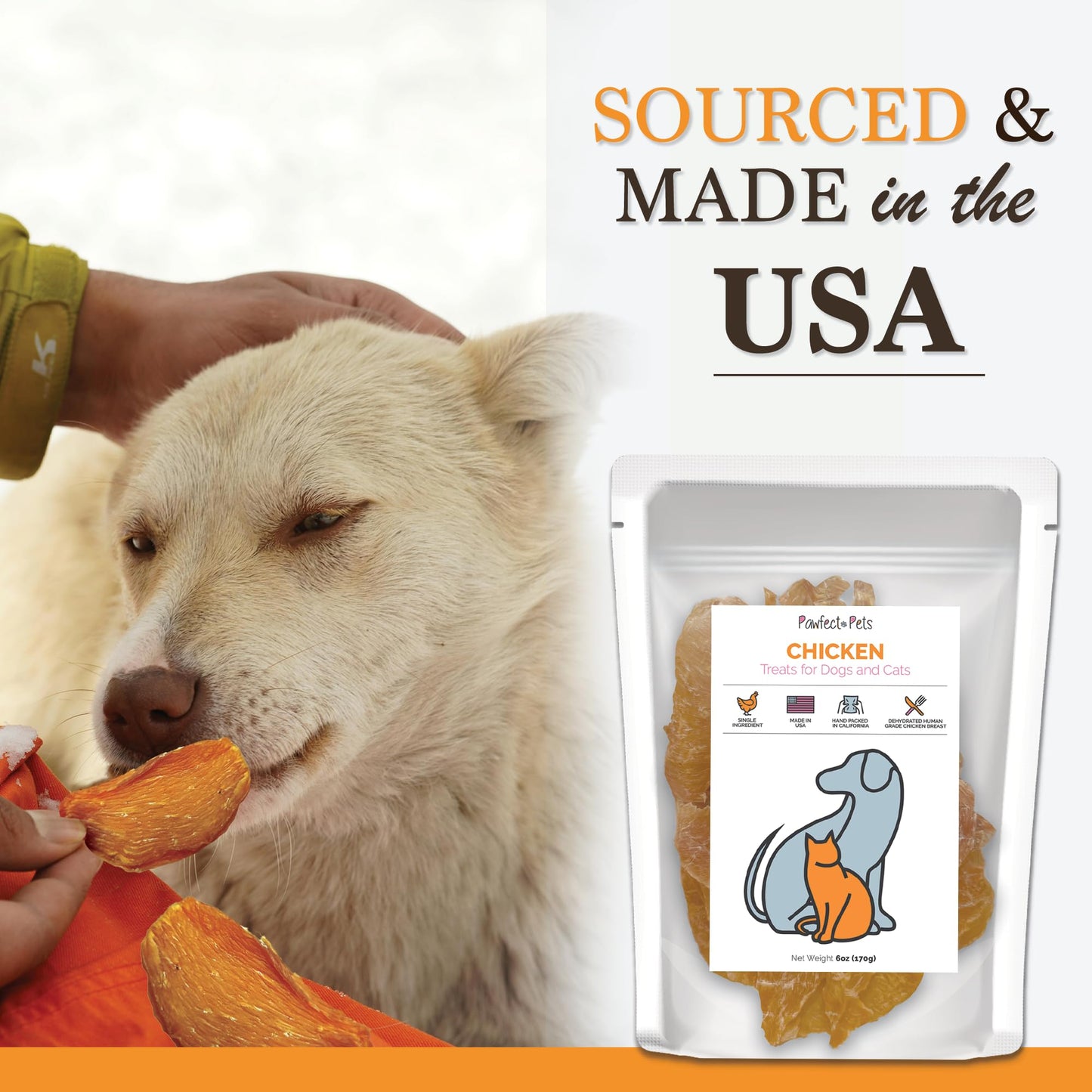 Pawfect Pets Single Ingredient Dehydrated Chicken Breast Treats for Dogs and Cats, 6oz Bag. USA Made