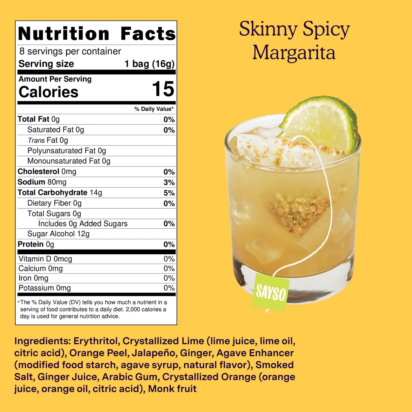 SAYSO Skinny Spicy Margarita Original Cocktail Tea Bag | Cocktail or Mocktail in Under 1 Min, Without Hot Water, <1G Sugar, 20 Calories, Non-GMO, Gluten-free, Kosher & Vegan Mixer, 8 count