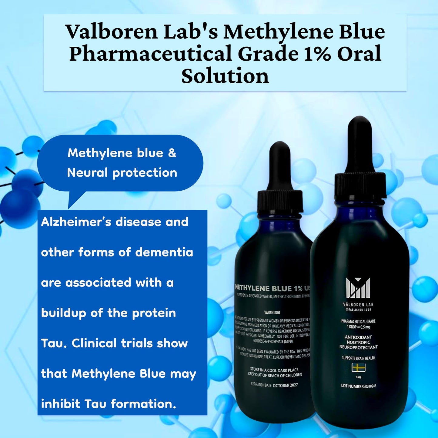 Methylene Blue Pharmaceutical Grade - Third Party Tested - Formaldehyde & Alcohol-Free - Methylene Blue 1% for Humans - USP Grade Brain Health Dietary Supplement - Made in USA (118ML Bottle)