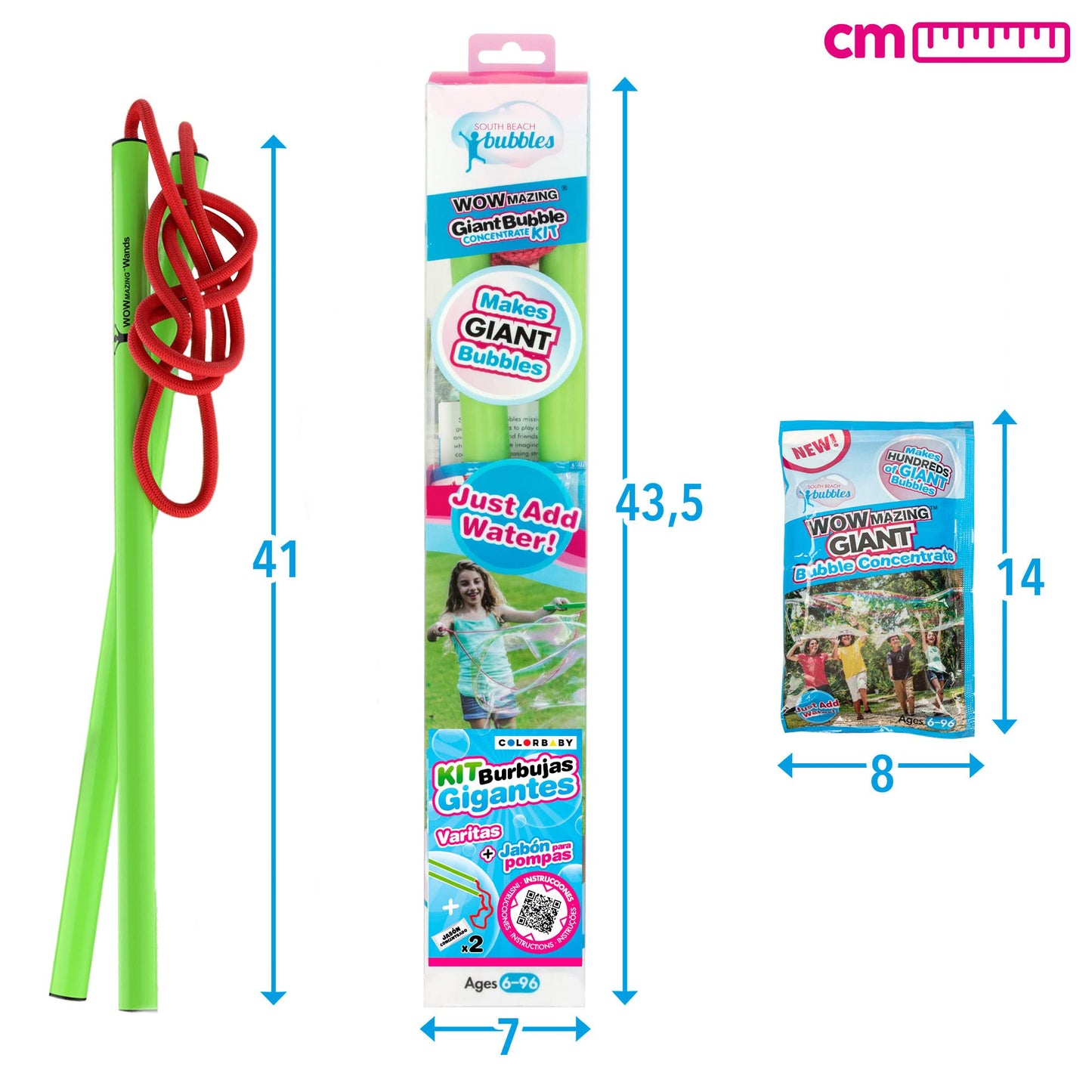 WOWmazing Giant Bubble Wands Kit: (4-Piece Set) | Incl. Wand, Big Bubble Concentrate and Tips & Trick Booklet | Outdoor Toy for Kids, Boys, Girls | Bubbles Made in The USA