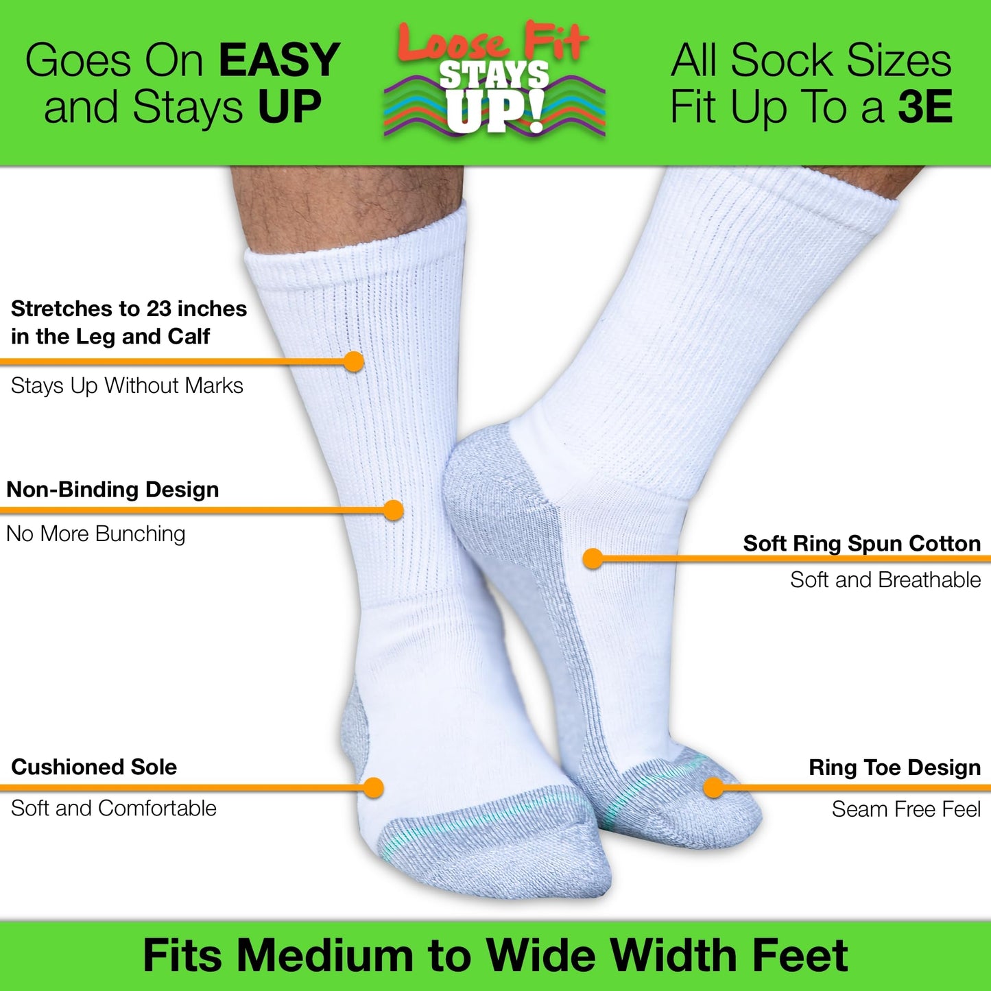 Loose Fit Stays Up Men's and Women's Casual Crew Socks (Pack of 3) Made in USA Cushioned Sole (Large, Navy)