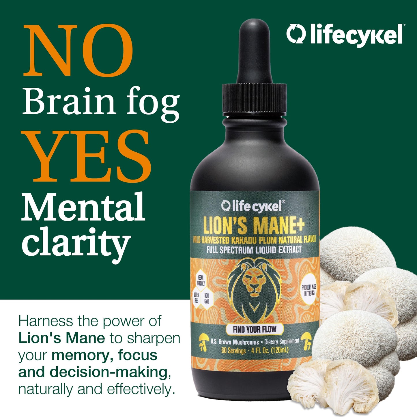 Life Cykel Professional Athletes Pack - Reishi, Lions Mane & Cordyceps Mushroom Extract- Full-Spectrum Mushroom Tincture for Energy, Focus and Immune Health- Vegan, Non-GMO Formula