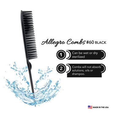 Allegro Combs 60 Parting Three Row Combs Salon Hairstylist Hairdresser Detangle Combs For Natural Hair And Wigs For Curly Hair Made In The Usa 2 Pcs. (Black)