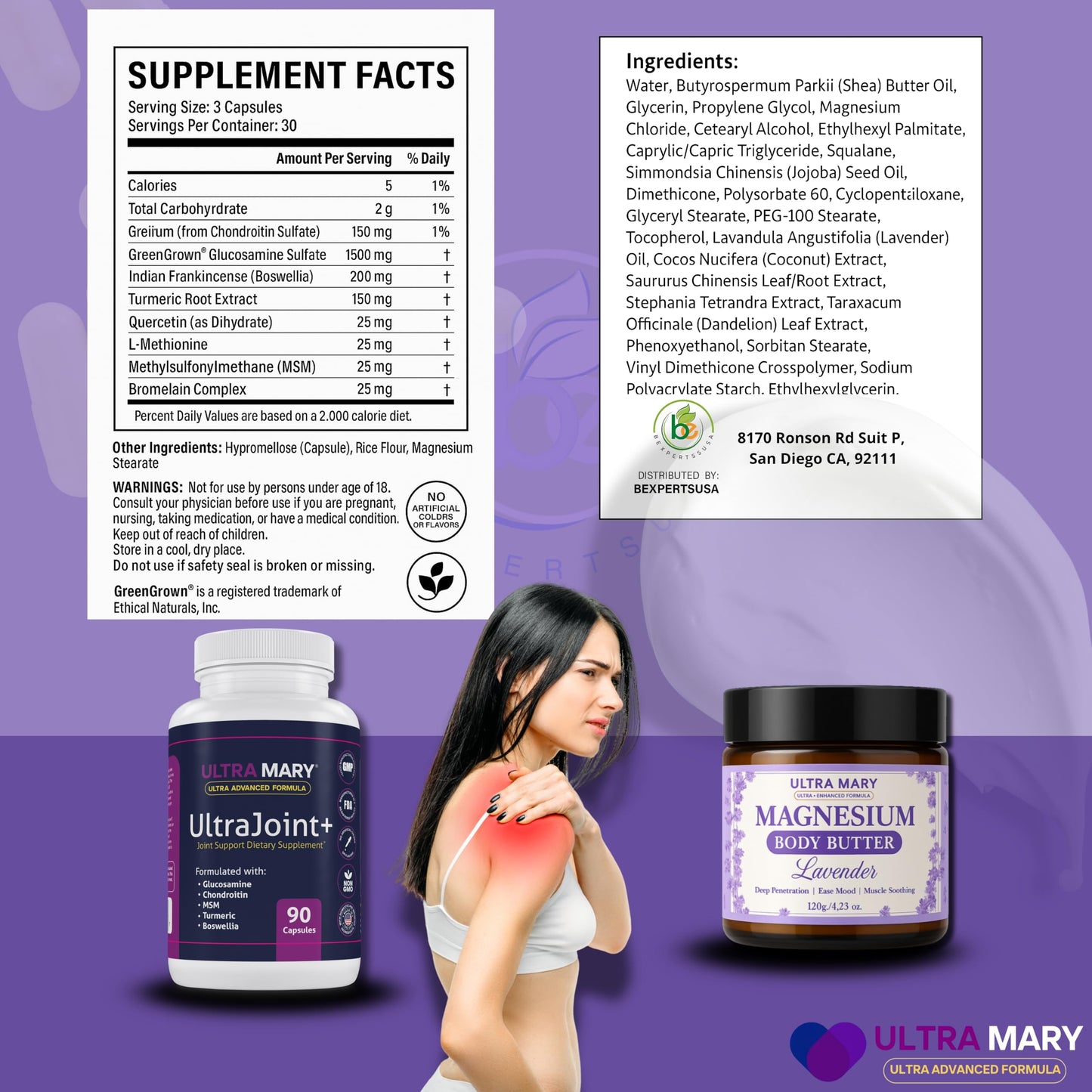 Joint Support UltraMary+(90 Capsules)+Magnesium Body Butter(4.23oz) Glucosamine 1500mg,Chondroitin, MSM, Turmeric & Boswellia–Muscle & Joint Relief Combo, Lavender Scent–Articulaciones & Músculos