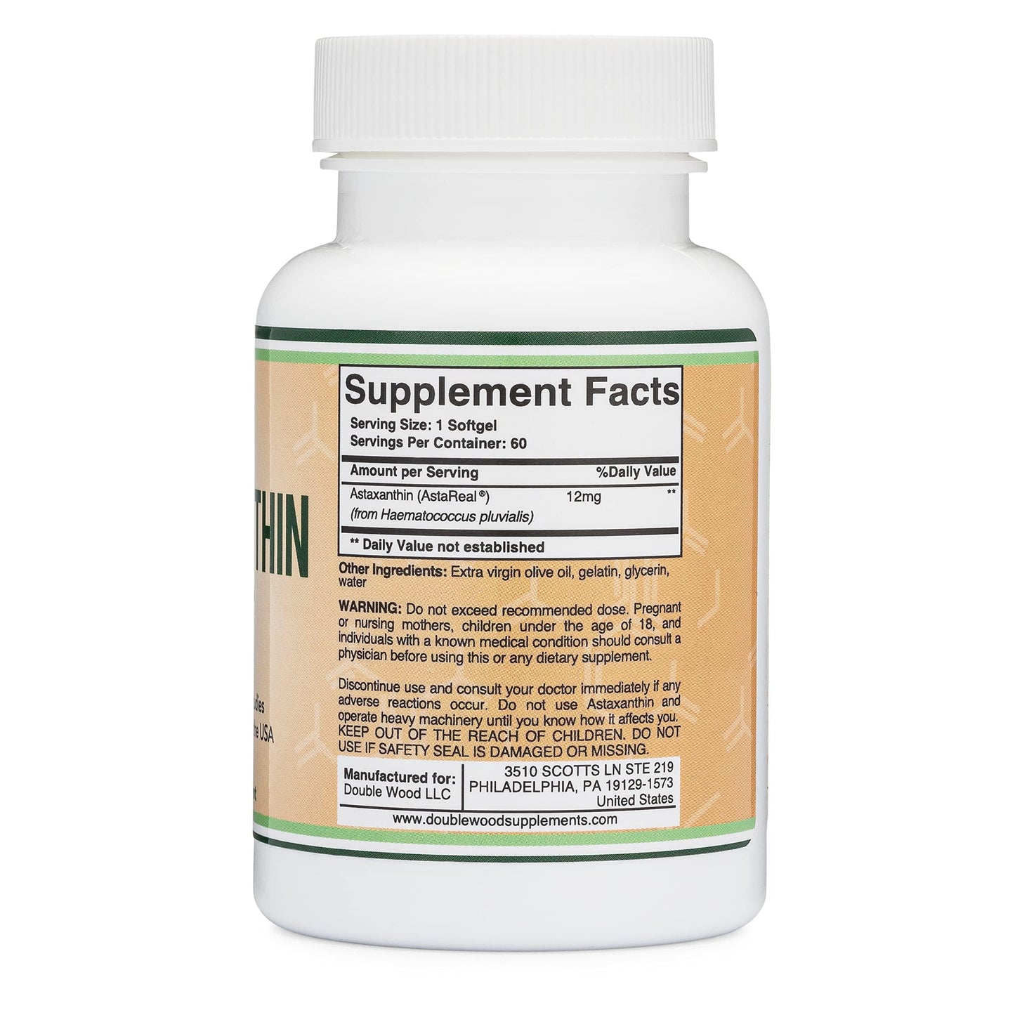 Astaxanthin 12mg Max Strength (AstaReal: Natural Patented Astaxanthin with 70+ Human Clinical Trials - World's Most Studied Brand) Grown, Harvested, and Made in The USA (Astaxantina) by Double Wood