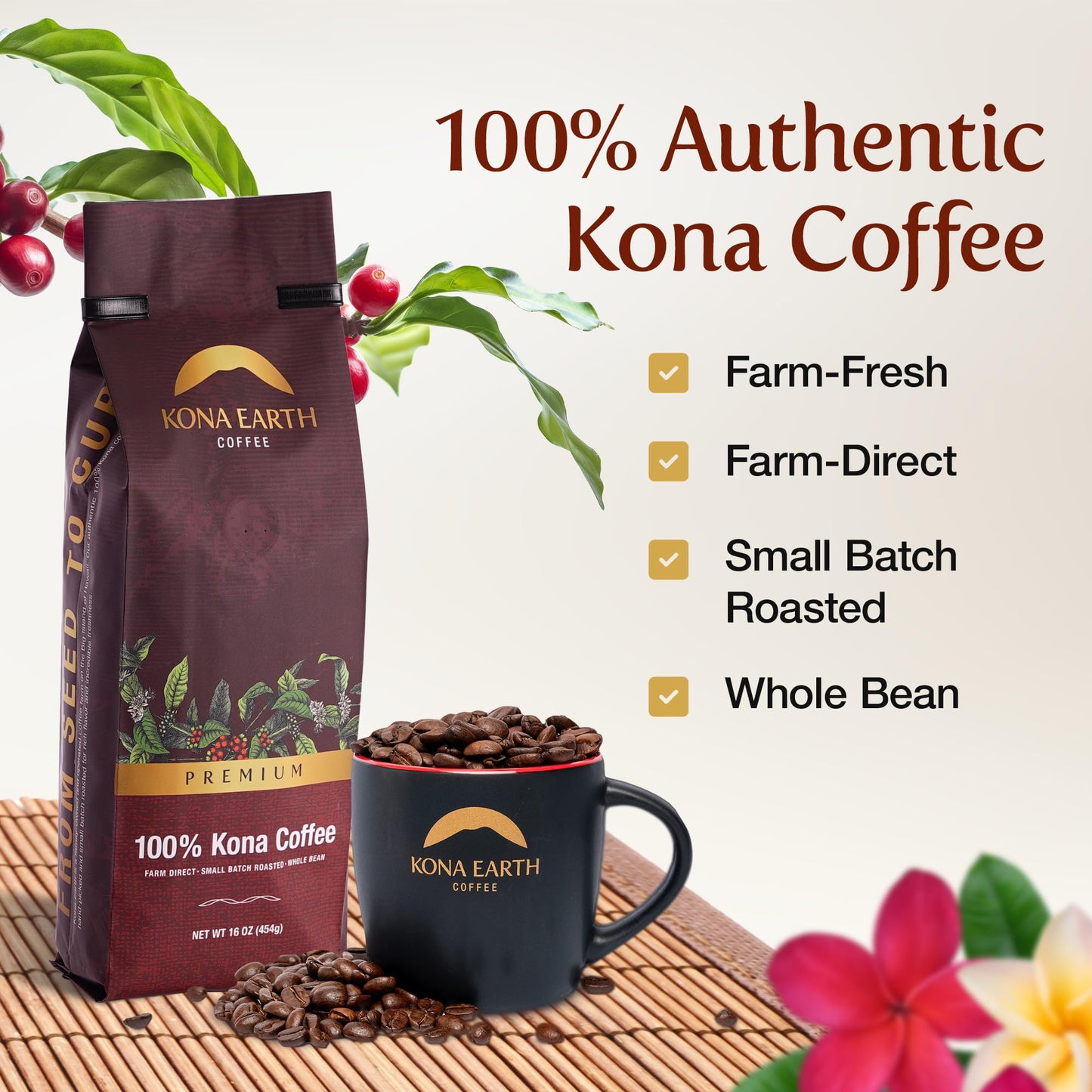 KONA EARTH - Premium, 100% Kona Coffee, Medium Dark Roast, Farm-Fresh Whole Coffee Beans, Micro-Batch-Roasted, 1 lb., Pack of 1