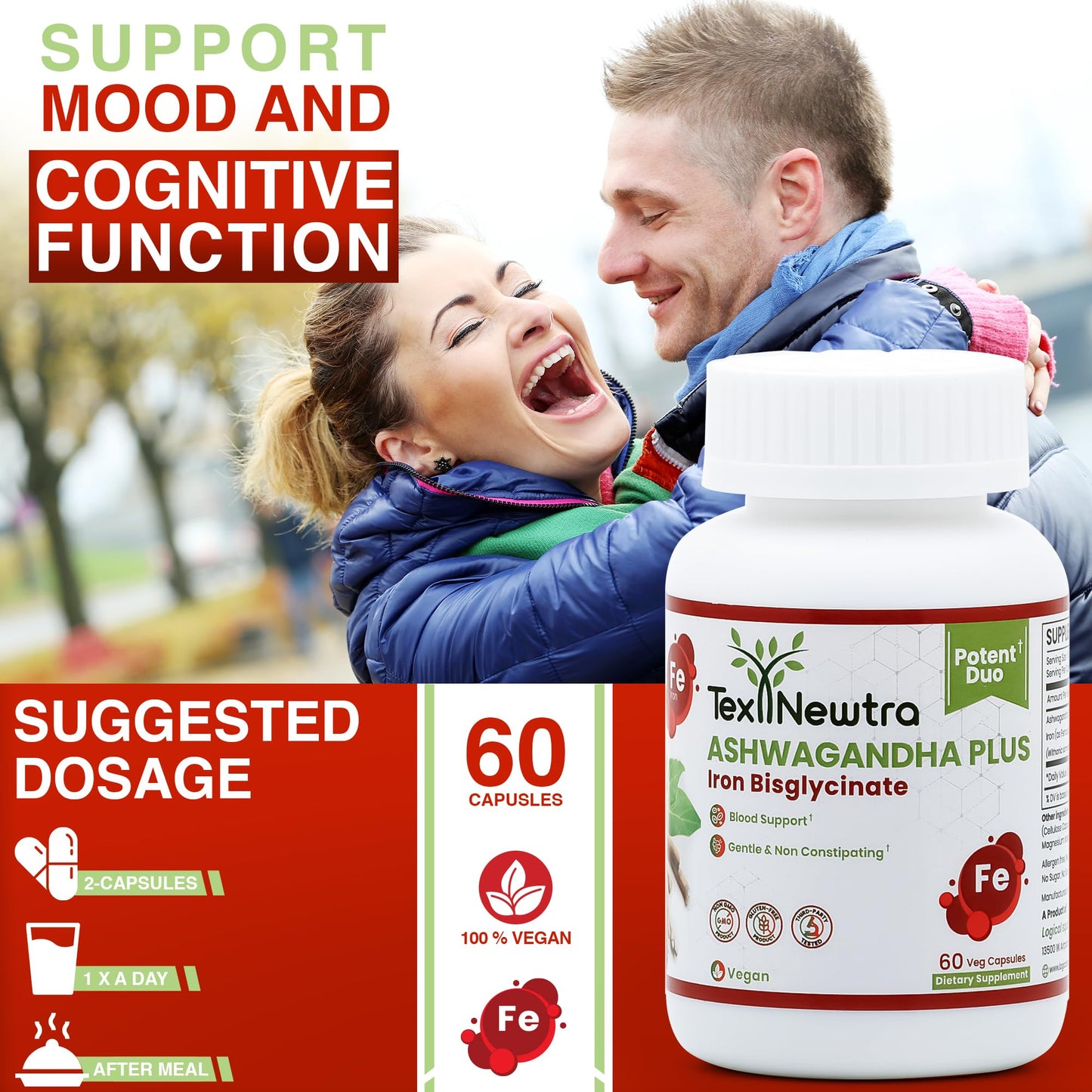 TEX NEWTRA Ashwagandha with Iron Bisglycinate - 300mg & Bioavailable Iron 10mg - 60 Capsules
