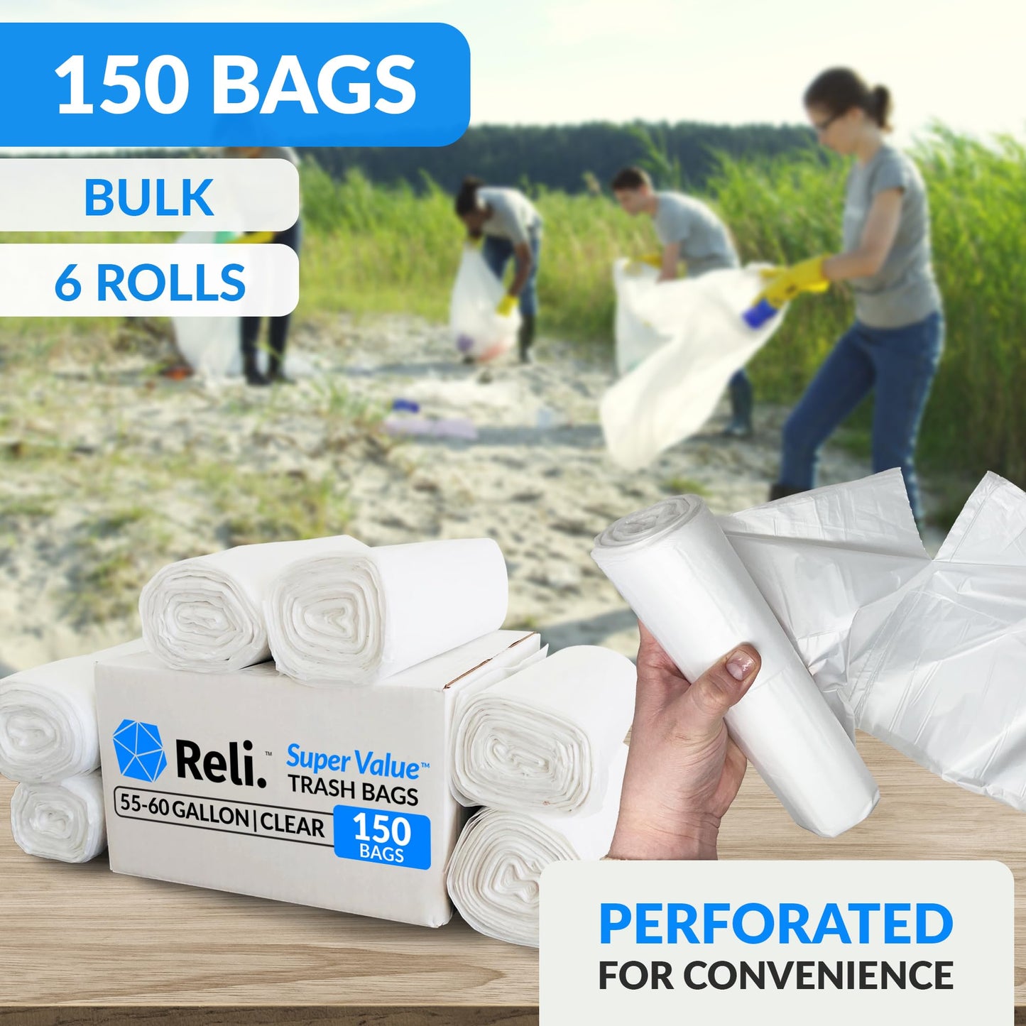 Reli. SuperValue Trash Bags (150 Count Bulk), Made in USA - Clear Heavy Duty 55 Gallon - 60 Gallon Garbage Bag