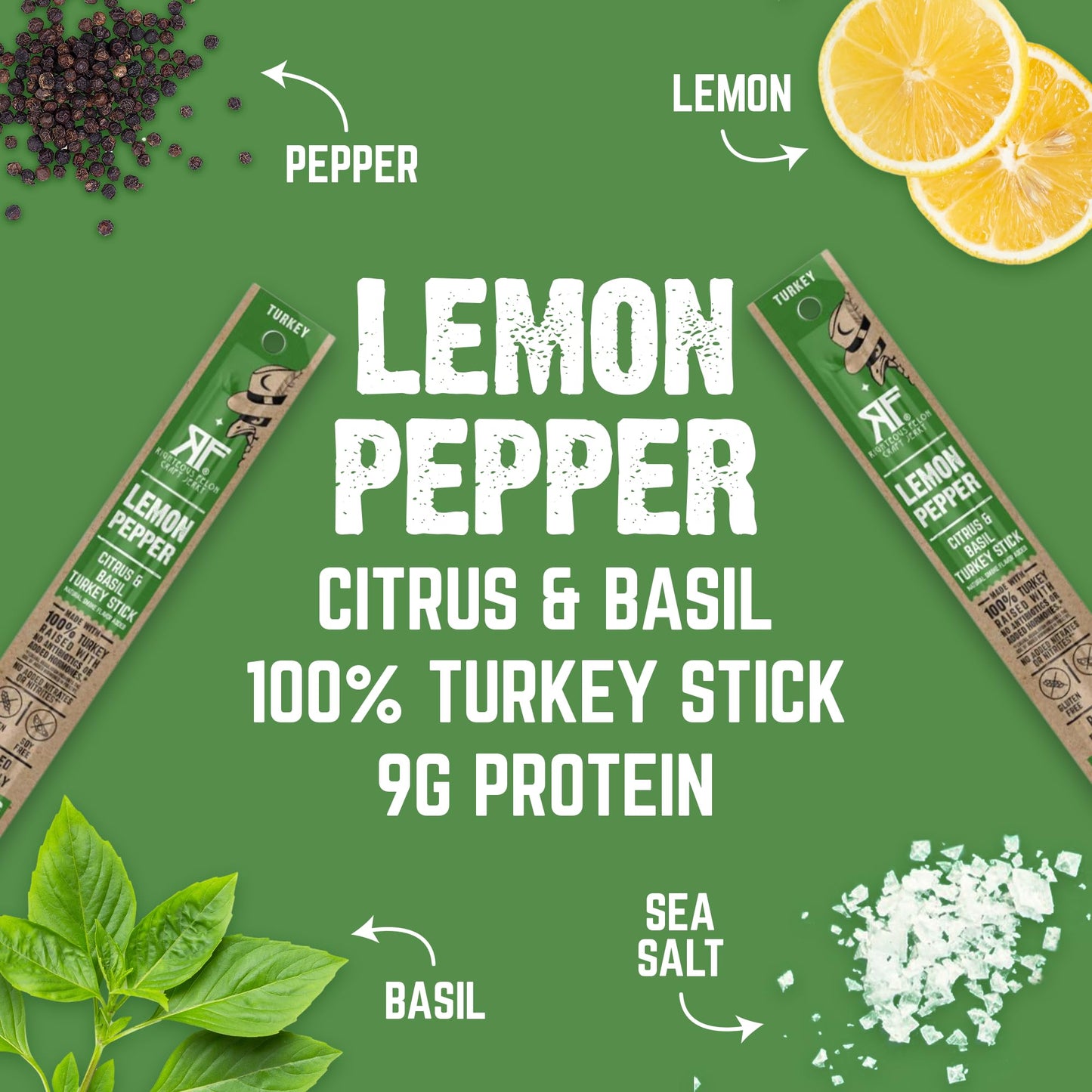 Righteous Felon Meat Sticks | 100% Turkey Sticks | Gluten Free & Keto Meat Sticks | Low Sugar & High Protein Turkey Sticks| Healthy Snack for Adults | Jerky Gifts for Men | Lemon Pepper, 10 Pack