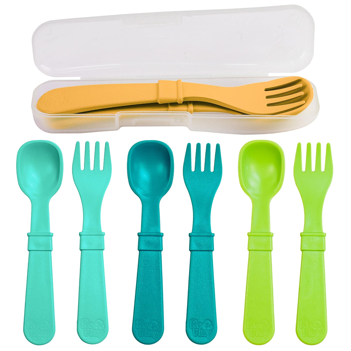 Re-Play Toddler Forks and Spoons Set - 4x4 Toddler Utensils Set - Dishwasher and Microwave Safe - Made in USA - Set of 8-5.8" x 1.2" x 0.2" - Aqua Asst