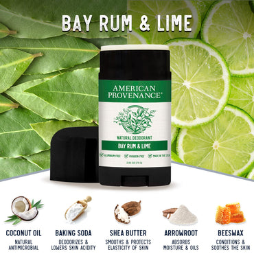 American Provenance All Natural Deodorant for Men and Women- Aluminum Free Deodorant that Lasts All Day - Made in the USA with Essential Oils & Cruelty Free - Bay Rum & Lime (1 Pack)