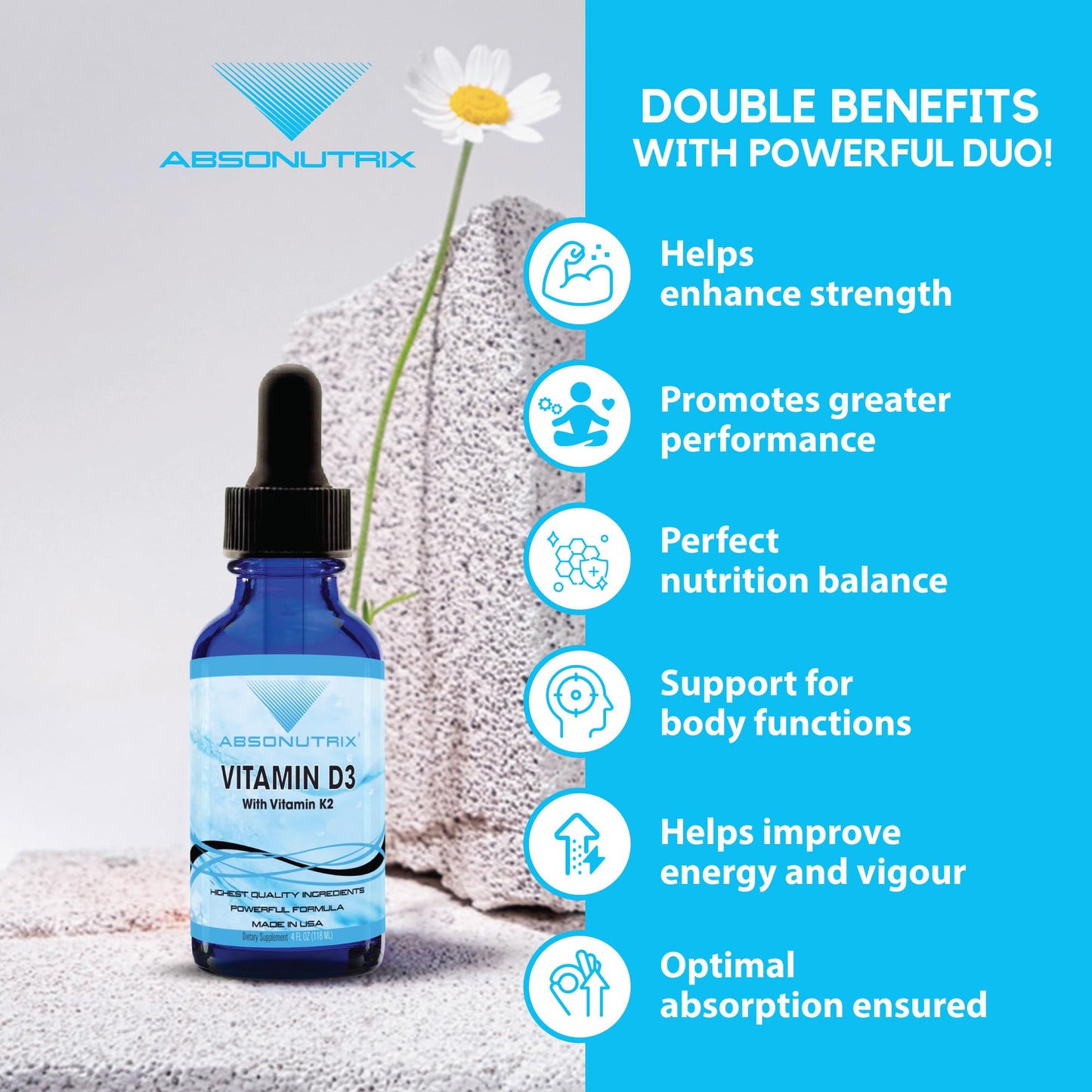 Absonutrix Vitamin D3 K2 Drops, 390mg, 4 Oz Liquid, 302 Servings, Made in USA, Quick Absorption, Quality Potent Ingredients, Non-GMO, GMP Certified, Cruelty-Free Products, Bone Strength Supplements