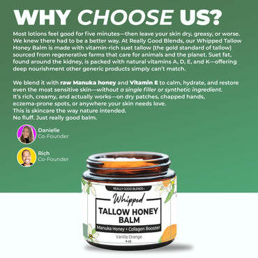 Really Good Blends Whipped Tallow Balm with Manuka Honey – 4 oz | Collagen-Boosting Body Butter | Beef Tallow for Skin | Face & Body Moisturizer | Made in USA (Vanilla Orange)