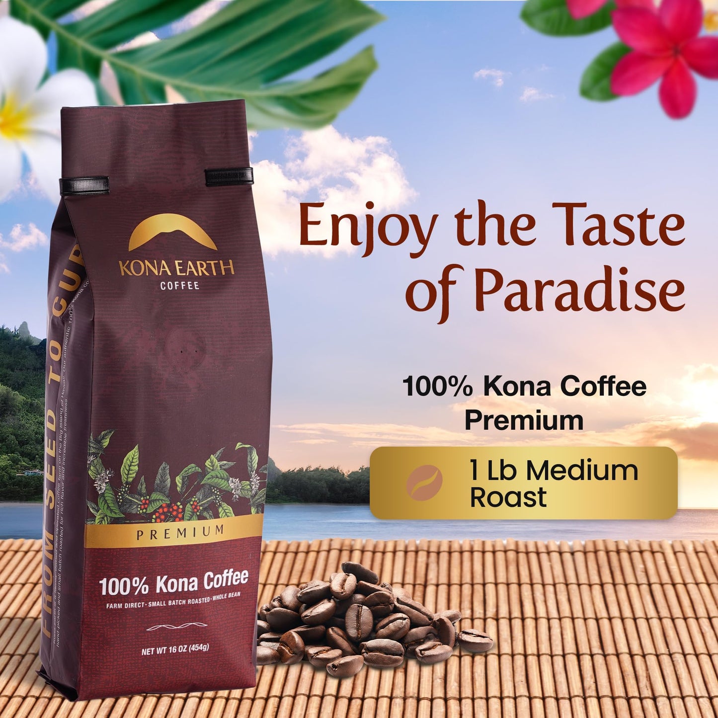 KONA EARTH - Premium, 100% Kona Coffee, Medium Roast, Farm-Fresh Whole Coffee Beans, Micro-Batch-Roasted, 1 lb., Pack of 1
