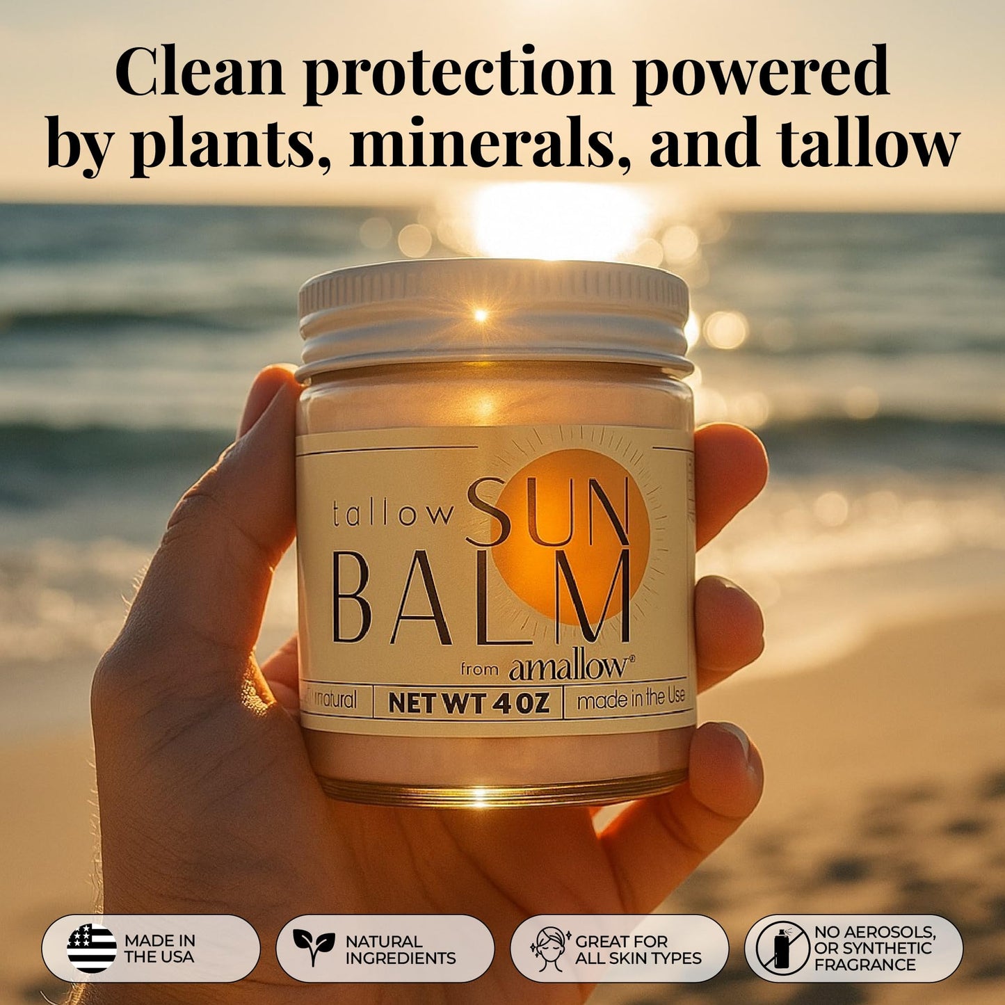 Amallow - Tallow Sun Balm with Zinc Oxide – Tinted Mineral Sun Balm with Cocoa Powder – Natural, Non-Nano Zinc Oxide, Organic Oils – No White Cast – Handcrafted in the USA – 4 oz