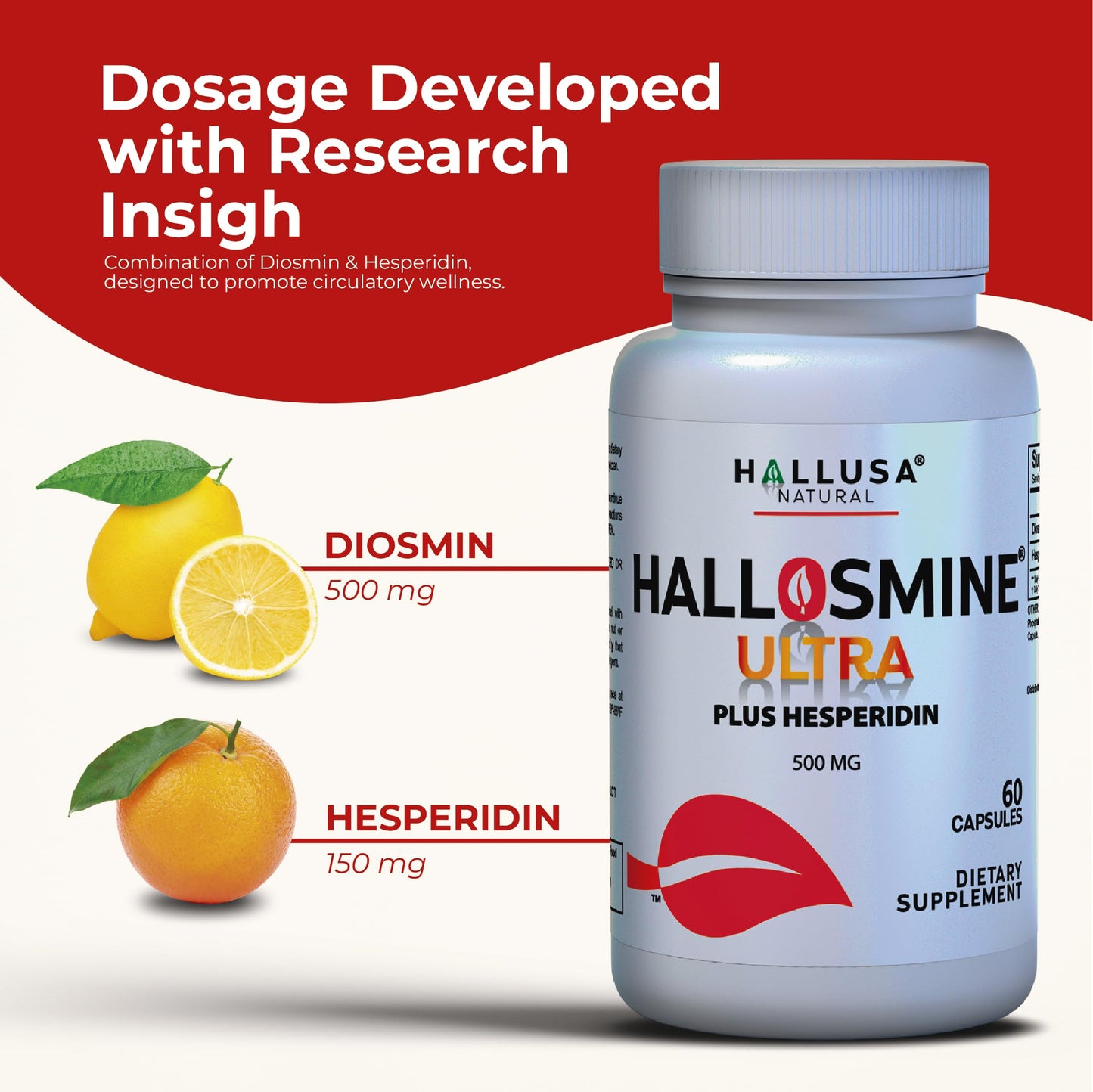 Hallusa Natural Hallosmine Ultra Diosmin 500mg & Hesperidin 150mg – Heavy Legs, Swelling & Vein - Blood Circulation Supplements, 60 Caps