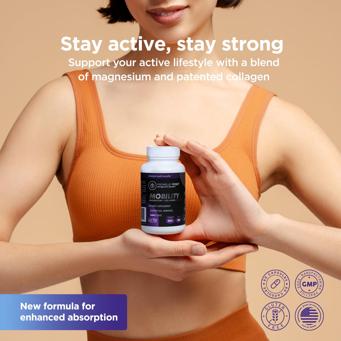 Michelle Peiret Mobility - Magnesium + Collagen Supplement with Hyaluronic Acid & Vitamin C | Supports Bones, Joints & Muscles | Gluten-Free & Non-GMO | 60 Capsules for Men & Women