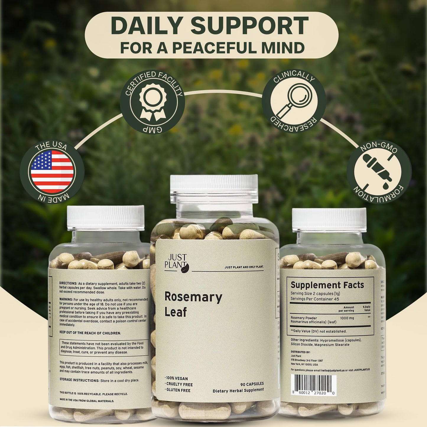Rosemary Leaf Extract 500mg, 90 Vegan Capsules, Herbal Supplement for Memory, Focus, Digestion, Inflammation & Hair Health, Gluten-Free, Plant-Based