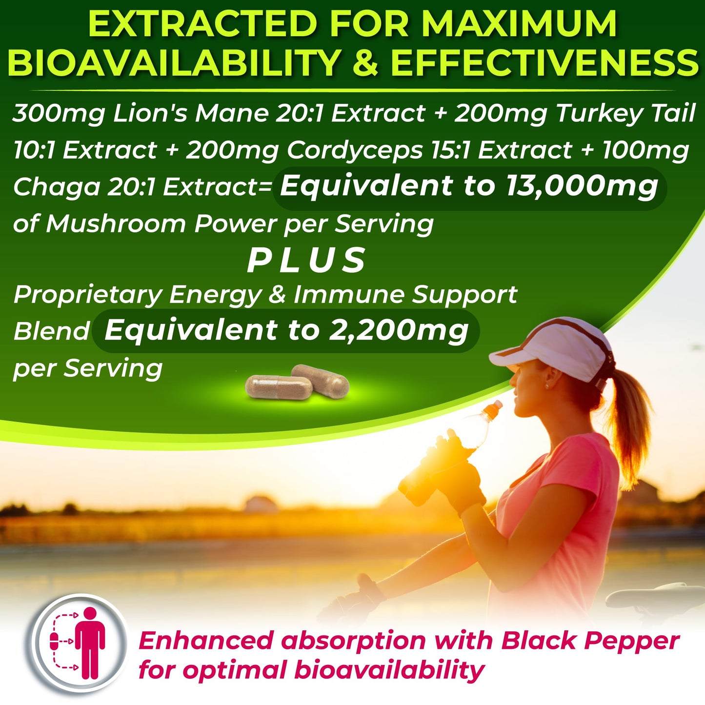 Organic Mushroom Complex: Lion's Mane, Turkey Tail, Cordyceps, Chaga, Contains Naturally Occurring Beta Glucans - Organic Energy & Immune Support Blend: Rhodiola Rosea, Ginseng & Acerola Cherry 120Ct