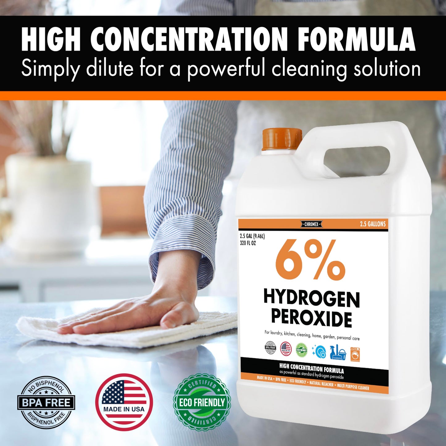 Chromex 6 Percent Hydrogen Peroxide, Food Grade, Home, Kitchen, Bath Cleaner, Laundry, Whitening, 2.5 Gallons