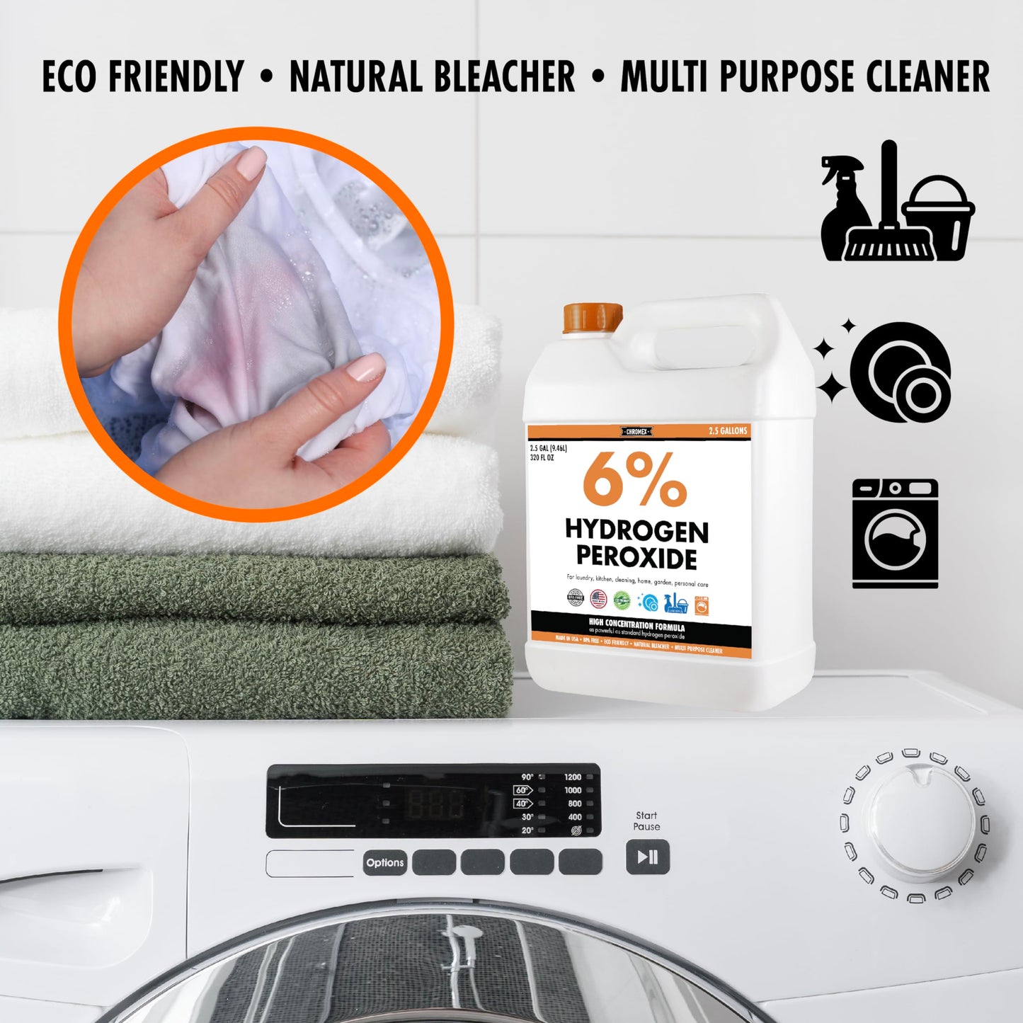 Chromex 6 Percent Hydrogen Peroxide, Food Grade, Home, Kitchen, Bath Cleaner, Laundry, Whitening, 2.5 Gallons