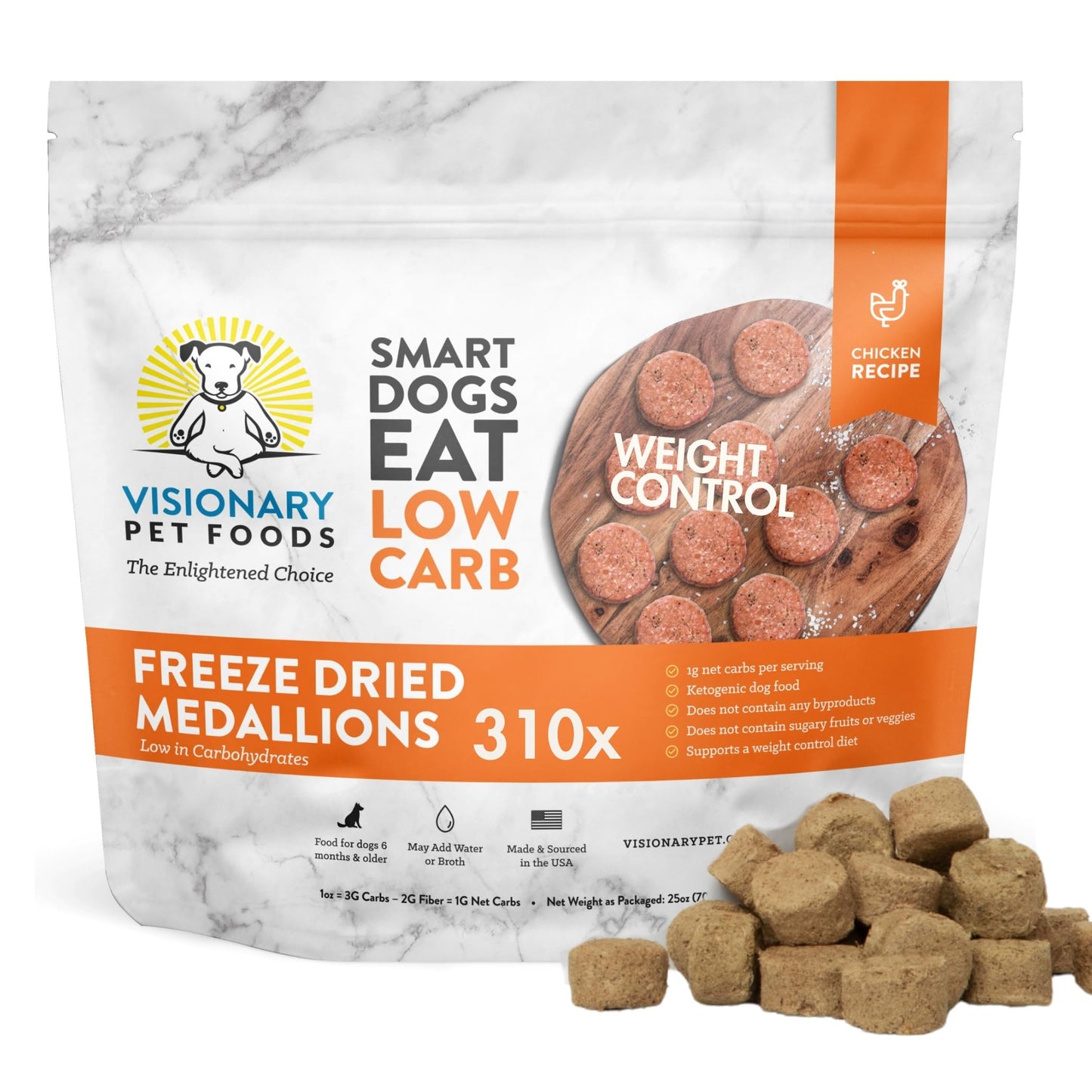 Visionary Pet Foods Chicken Freeze Dried Dog Food, Healthy Training Treats for Puppy or Large Dogs, High Protein, Low Carb, Grain Free, Weight Control, Single Ingredient No Additives, Value Size 25oz