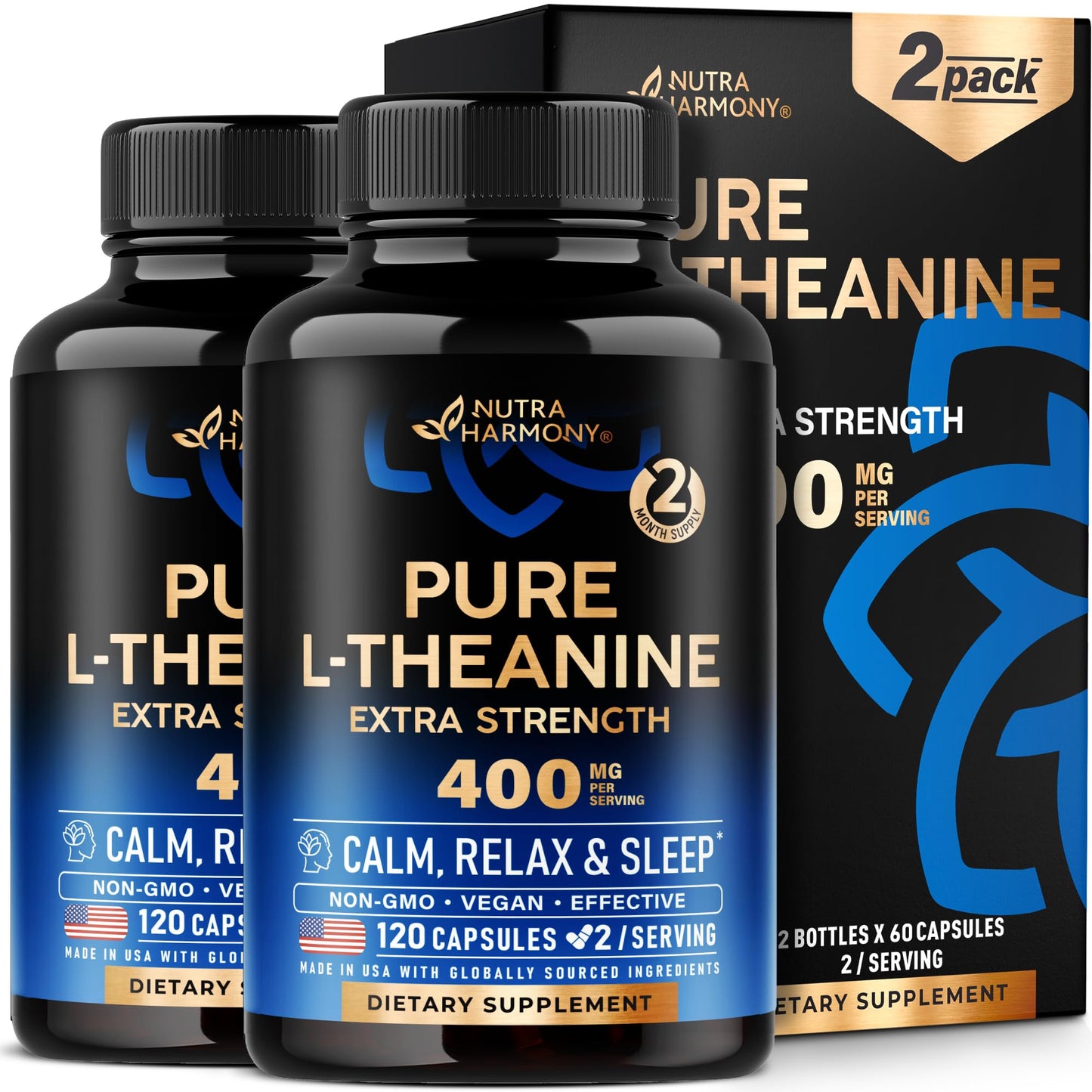 L Theanine 400 mg | L-Theanine Stress Relief | Extra Strength Supplement | Made in USA | Relaxation, Sleep & Calm Support | For Men & Women | Plant Based, Non-GMO & Gluten-Free | Vegan, Pack of 2