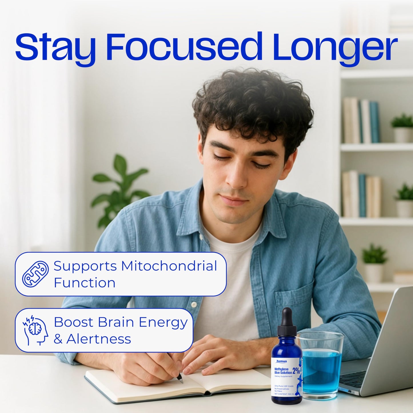 Zemus Methylene Blue 2% – 120 ML (4.06 fl oz) - 120 Day Supply - Nootropic Supplement – Ultra Pure USP Grade, – Made in USA, No Preservatives, Non-Therapeutic, Lab-Tested