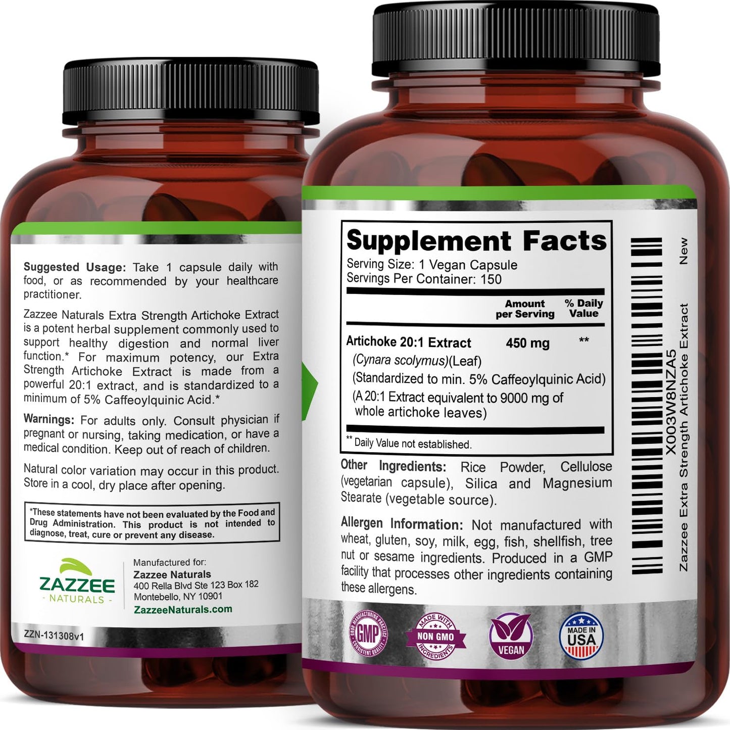 Zazzee Extra Strength Artichoke 20:1 Extract, 9000 mg Strength, 5% Caffeoylquinic Acid, 150 Vegan Capsules, 5 Month Supply, Concentrated and Standardized 20X Extract, Non-GMO and All-Natural