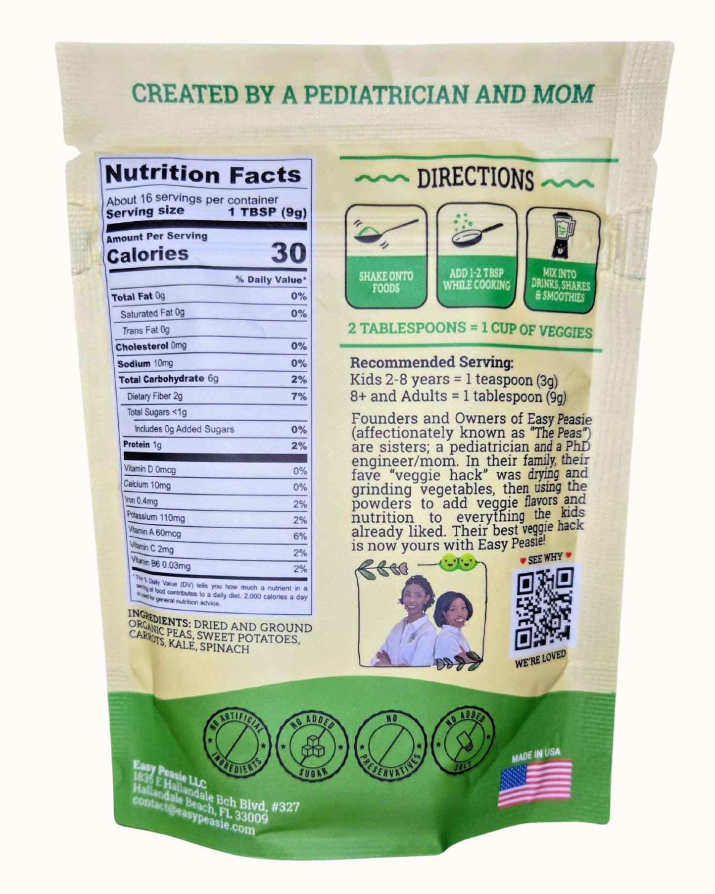 Easy Peasie Organic Veggie Powder – Green Blend – 5 oz Pouch – Vegetable Powder for Kids and Picky Eaters – Add to Meals and Smoothies