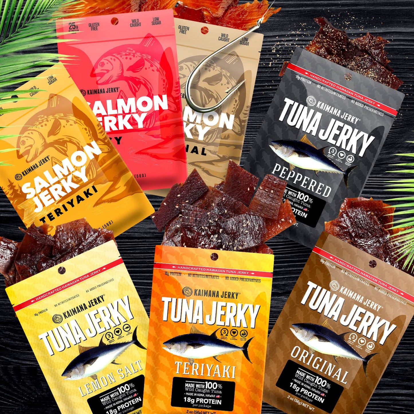 Kaimana Jerky Ahi Tuna & Salmon Sampler Pack - All Natural & Wild Caught Fish Jerky. Made in USA. 23g Protein, Omega-3's and Low Sugar