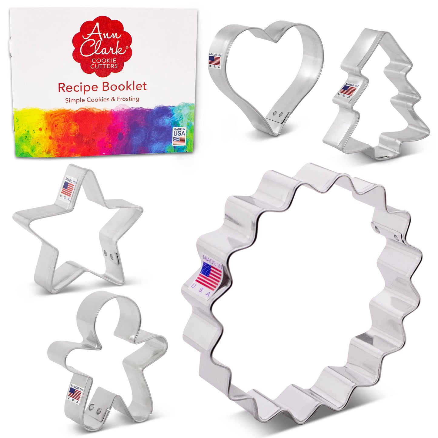 Ann Clark Christmas Linzer Cookie Cutters - 5-Pc. Set Made in USA, Fluted Circle, Mini Heart, Mini Christmas Tree, Star, Gingerbread Man
