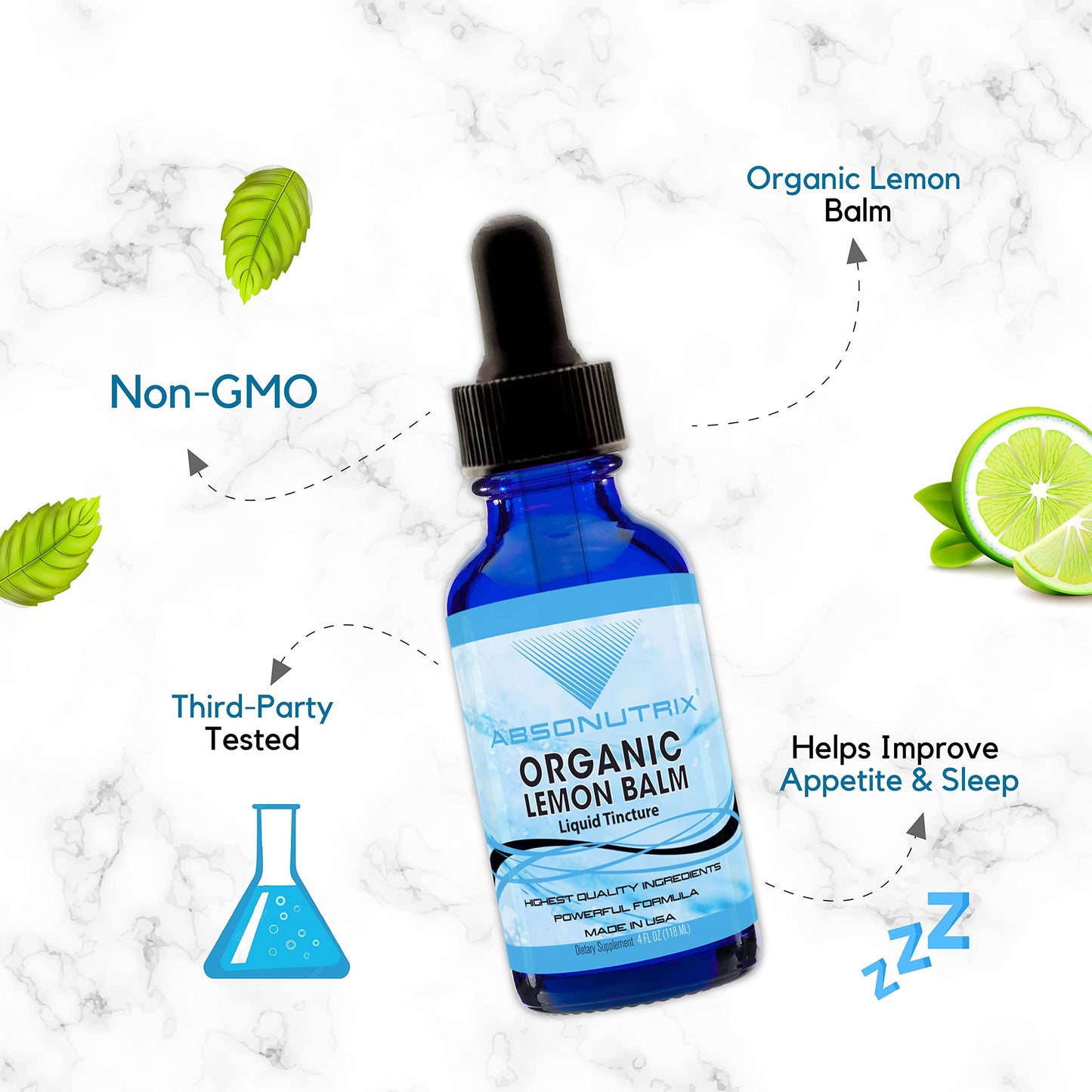 Absonutrix Organic Lemon Balm, 590 mg 200 Servings, Easy Absorption, Third Party Tested, Highly Potent, Made in The USA, Non-GMO, Gluten-Free