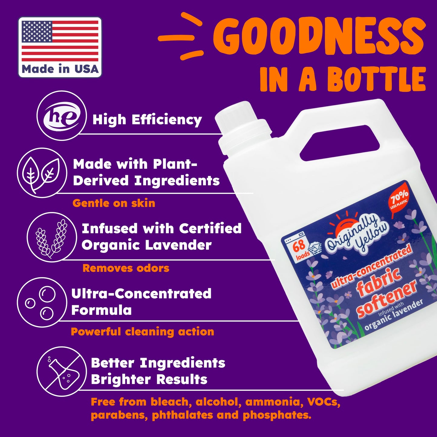 Originally Yellow Plant Based Fabric Softener | Ultra-Concentrated Laundry Softener Infused with Organic Lavender | High-Efficiency Plant Liquid Fabric Softener Helps Remove Static & Wrinkles | 34 Oz