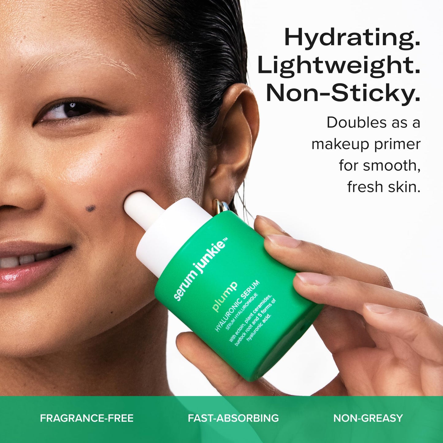 serum junkie PLUMP Hyaluronic Acid Serum with 5D Hyaluronic Complex, Ectoin, Plant Ceramides, Vitamins B5 & E, Deep Hydration, Strengthens Skin Barrier, Fragrance-Free, 1 fl oz