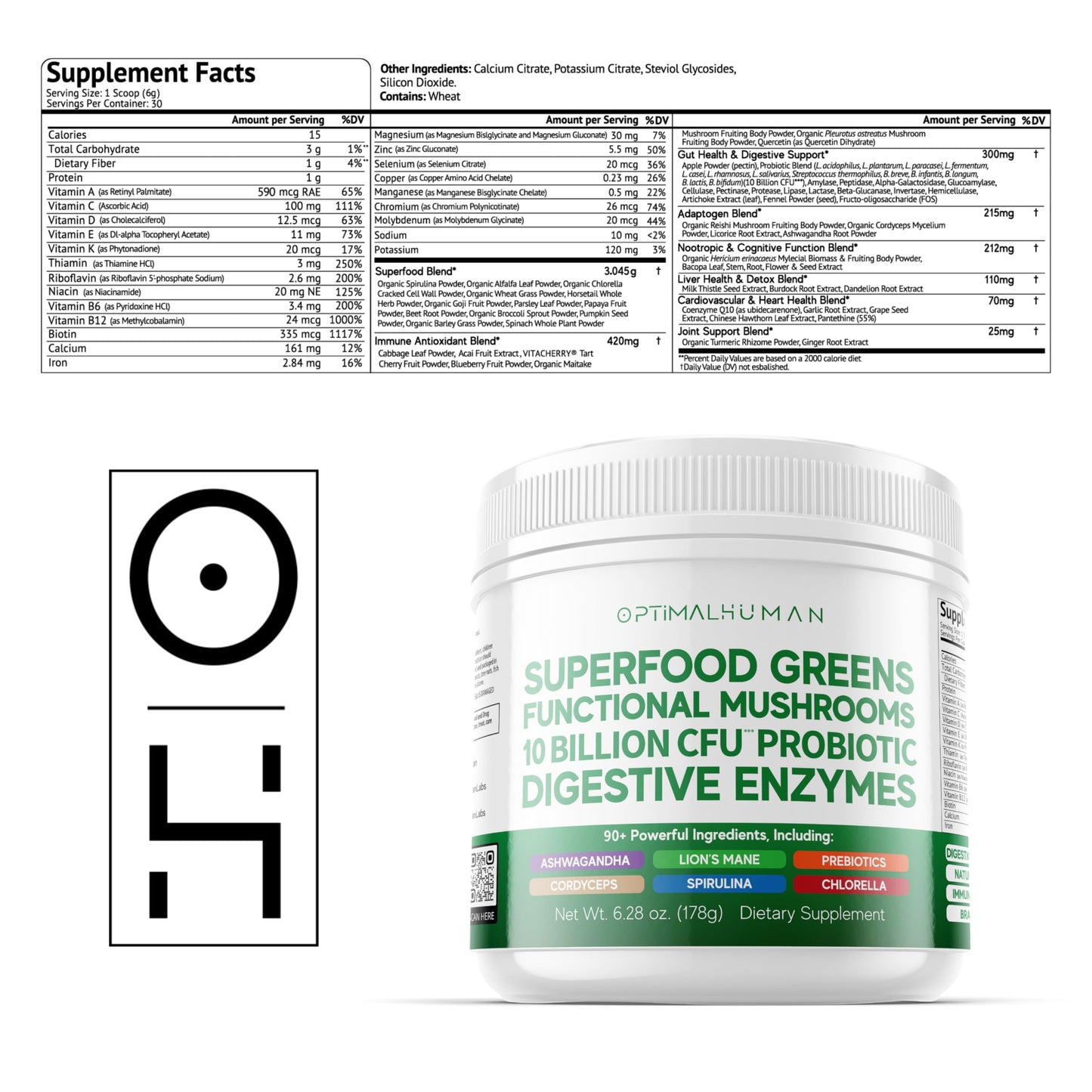 Optimal Human Superfood Greens Powder | 90+ Premium Non-GMO Ingredients | Organic Spirulina, Chlorella, Ashwagandha, Lion's Mane, 10+ Billion Probiotic & Digestive Enzymes | Energy, Longevity