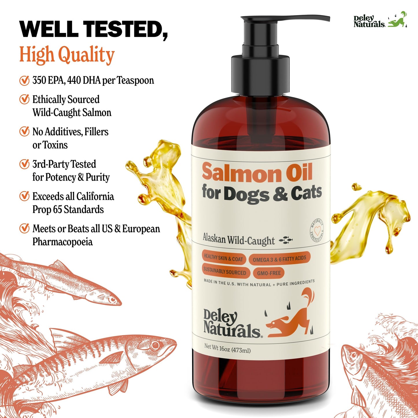 Deley Naturals Wild Alaskan Salmon Oil for Dogs - New & Improved Salmon Oil Plus Formula - Fish Oil for Dogs with DHA EPA Omega 3 & 6 Fatty Acids - Omega 3 Fish Oil for Skin & Coat - 16oz Made in USA