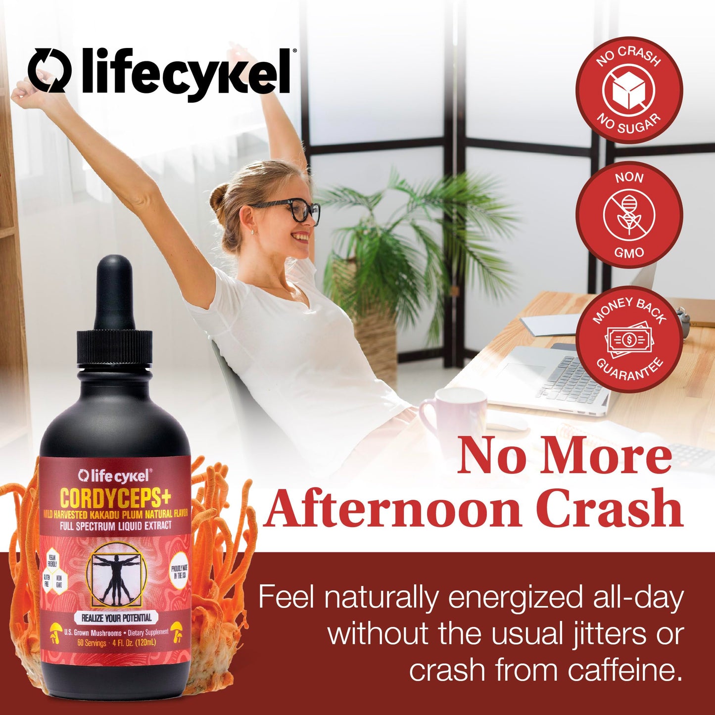 Life Cykel Professional Athletes Pack - Reishi, Lions Mane & Cordyceps Mushroom Extract- Full-Spectrum Mushroom Tincture for Energy, Focus and Immune Health- Vegan, Non-GMO Formula
