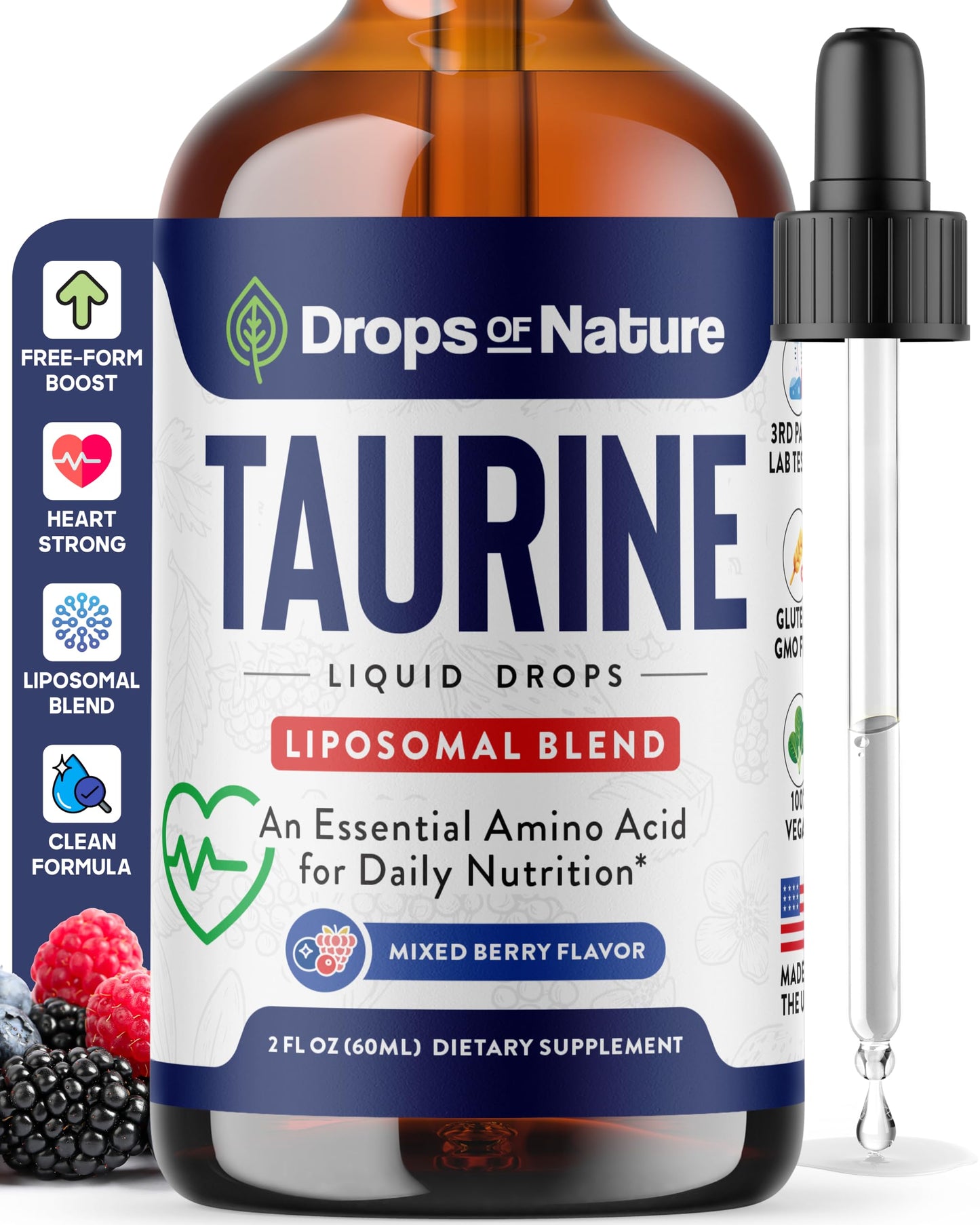 Taurine Liquid Drops Supplement - Fast Absorbing, Non-GMO, Vegan - Free Form Amino Acid for Hydration and Cognitive Function Support - Complements Essential Amino Acids Supplement (Mixed Berry, 60 mL)