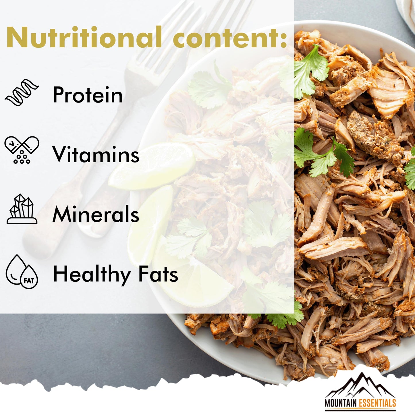 MOUNTAIN ESSENTIALS Freeze Dried Fully Cooked Shredded Pork with 7 Year Shelf Life, 10 Servings Ideal for Camping, Emergency Preparedness and Survival Meals | High Protein Made in USA