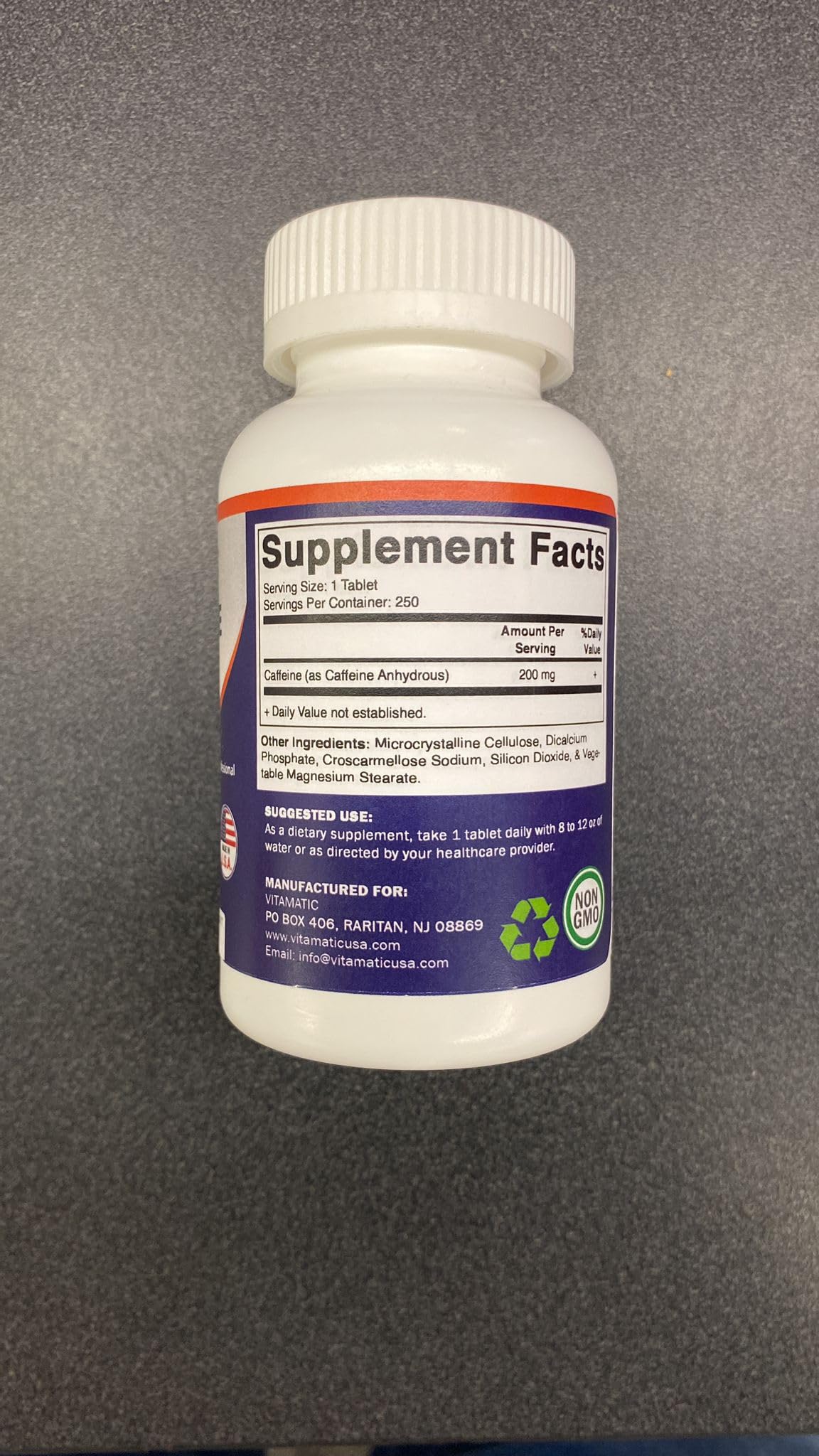 Vitamatic Caffeine Pills 200mg per Serving, 250 Vegetarian Tablets