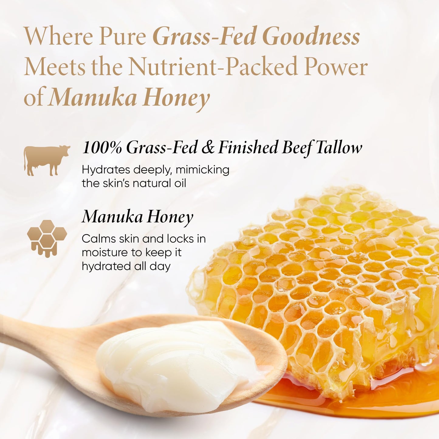 Honeyskin Whipped Tallow and Honey Balm – 100% Grass-Fed All Natural Mountain Beef Tallow for Skin Face Moisturizer – Nourishing, Hydrating Balm for Dry, Sensitive Skin – Gentle Soothing Care, 2oz