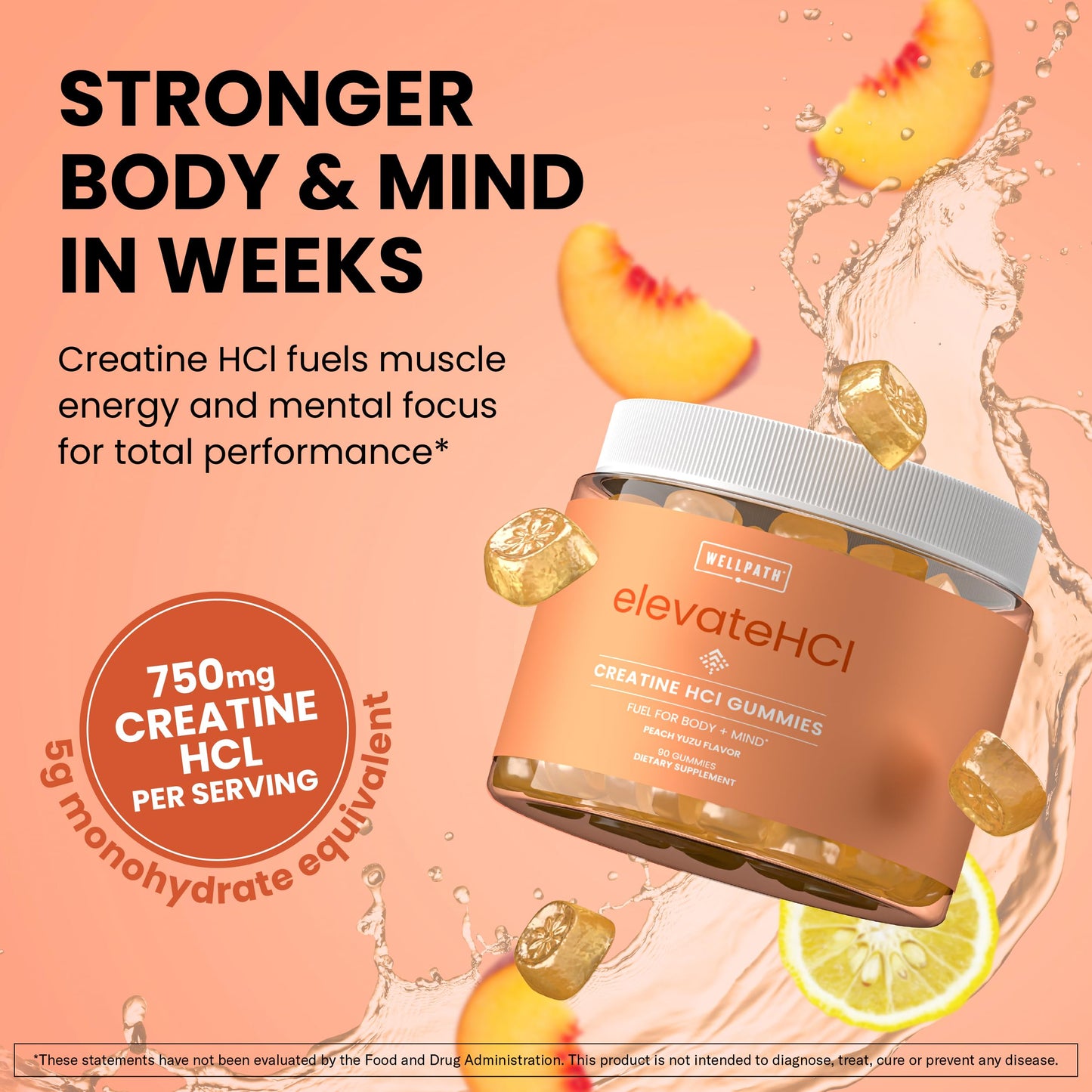 WellPath Creatine HCl Gummies 750mg – Chewable Creatine Gummies for Women and Men – 5g Creatine Monohydrate Equivalent - Cognitive & Performance Support – Vegan, Non-GMO, 90ct, Peach Yuzu Flavor