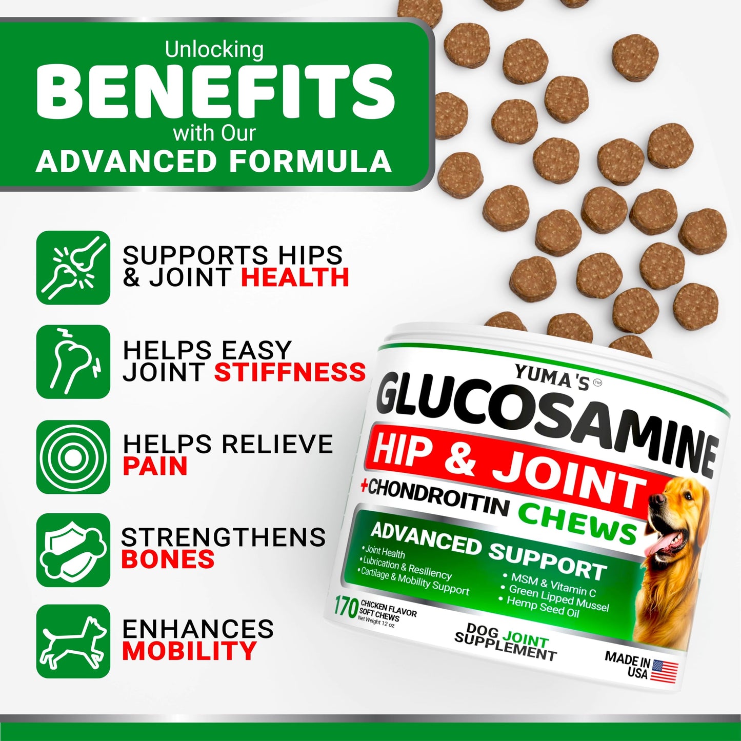 YUMA'S Glucosamine for Dogs - Hip and Joint Supplement for Dogs - Glucosamine Chondroitin Chews - Joint Pain Relief Supplement with MSM - Advanced Health - Mobility Support - Made in USA