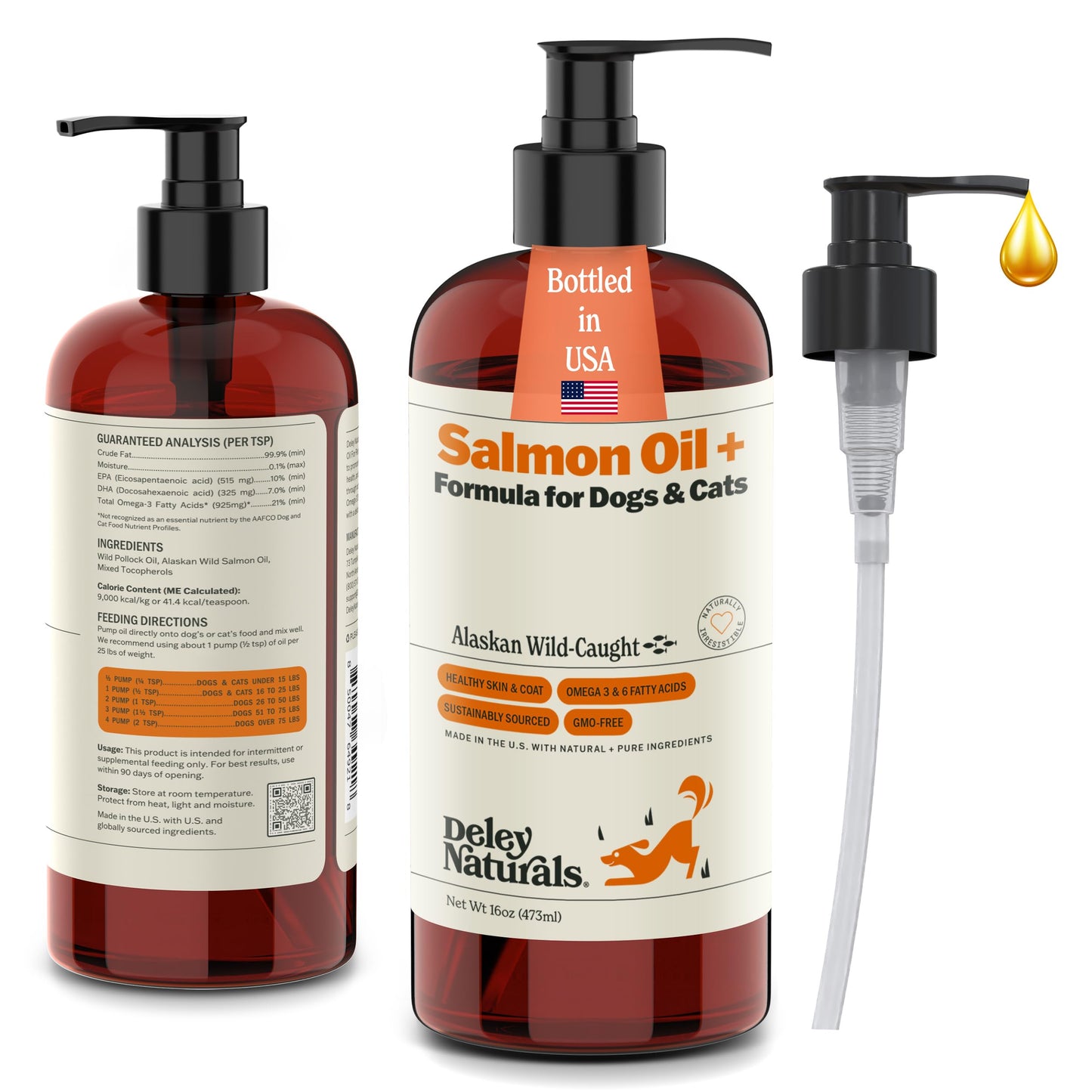 Deley Naturals Wild Alaskan Salmon Oil for Dogs - New & Improved Salmon Oil Plus Formula - Fish Oil for Dogs with DHA EPA Omega 3 & 6 Fatty Acids - Omega 3 Fish Oil for Skin & Coat - 16oz Made in USA