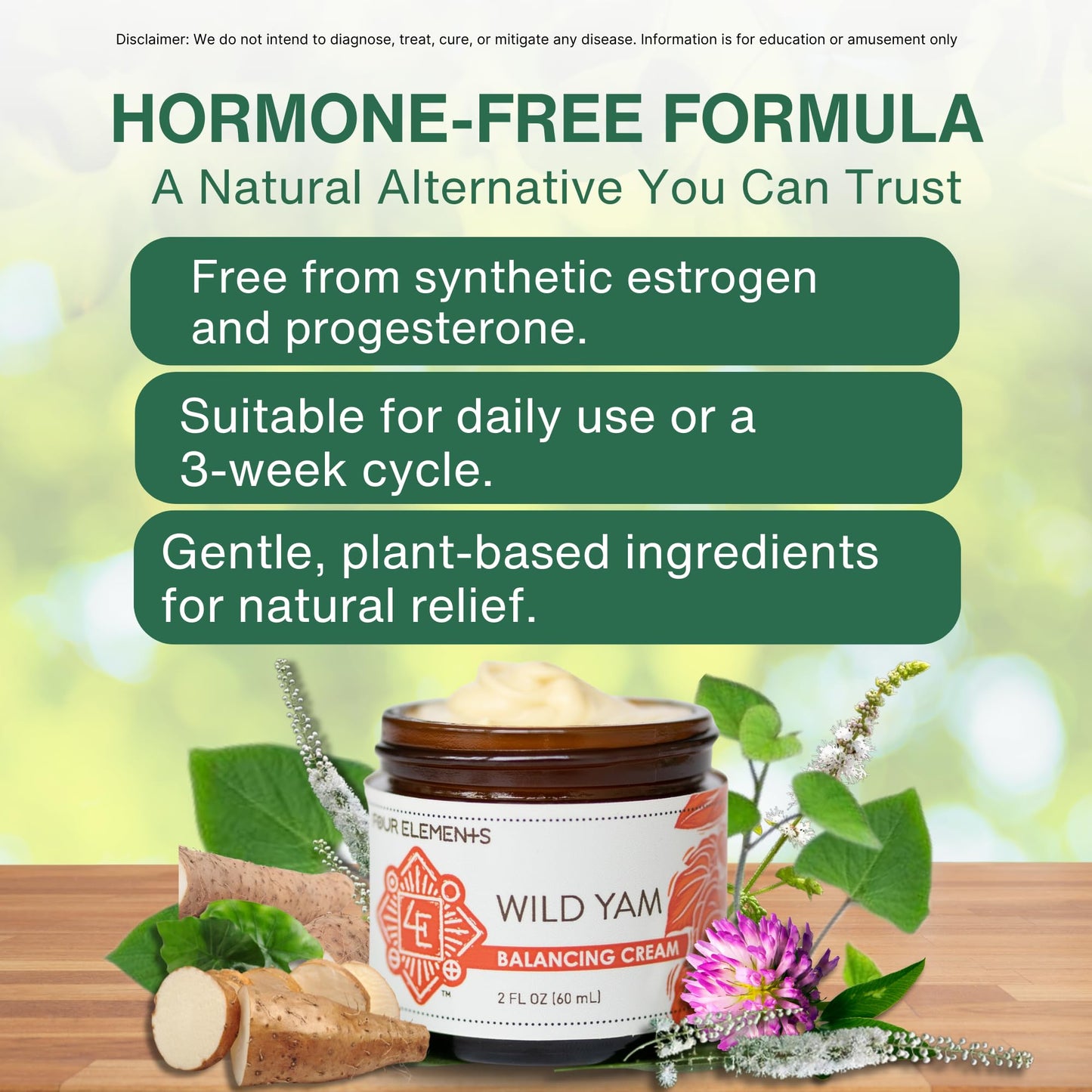 Wild Yam Cream for Hormone Support 2 Oz | Four Elements 4E Organic Wild Yam Balancing Cream for Women | Menopause & PMS Support - Estrogen & Progesterone Free | Proudly Farmed, Crafted & Made in USA