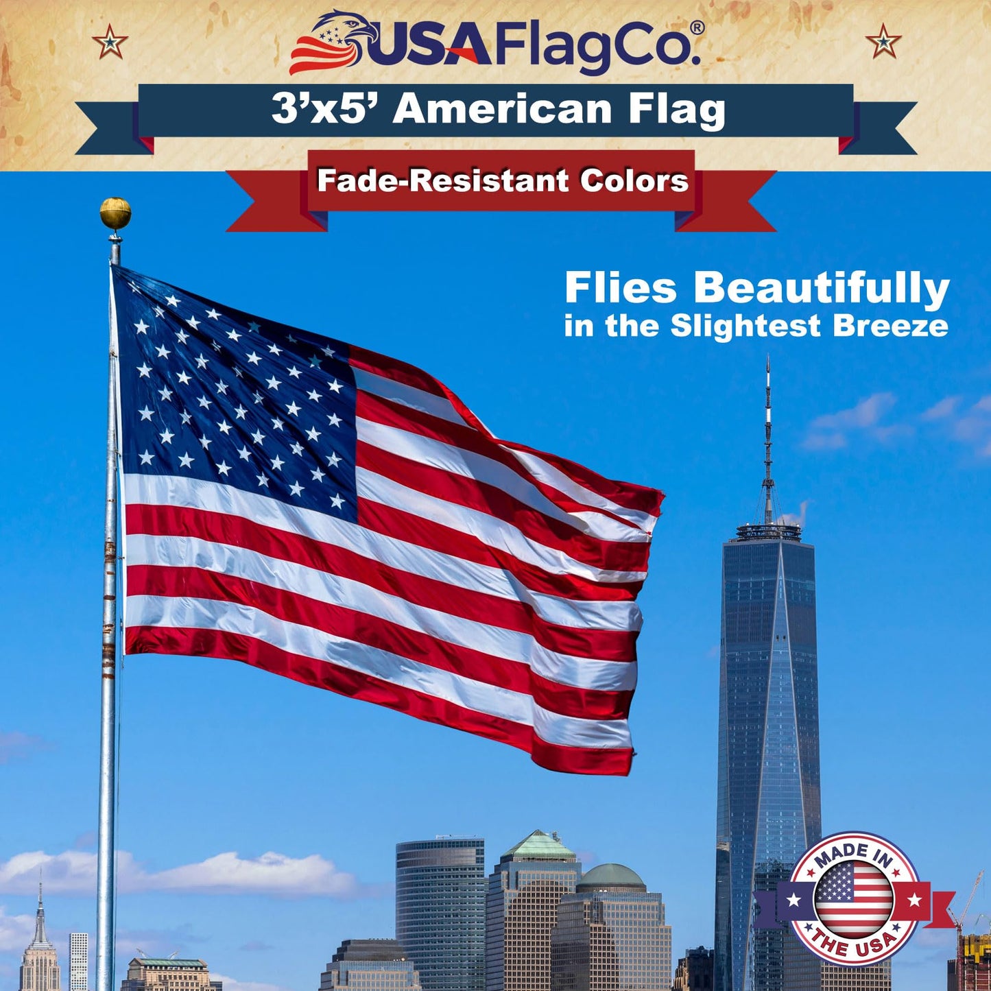 American Flags for Outside 3x5 - USA Flag Co. American Flag 3x5 Heavy Duty Outdoor Made in USA with Embroidered Stars and Sewn Stripes, This US Flag is an American Made Flag