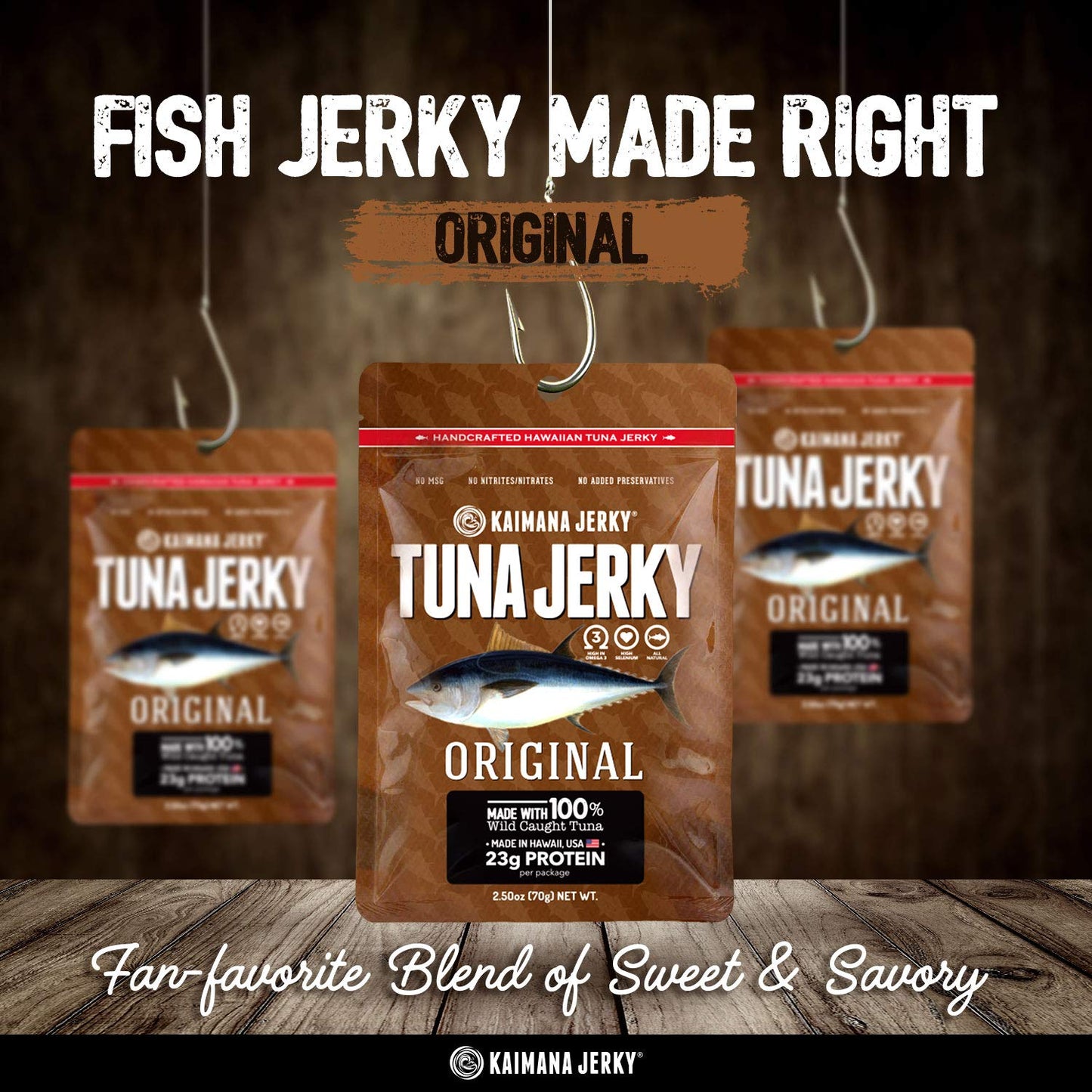 Kaimana Wild-Caught Ahi Tuna Jerky - Original | Rich in Omega-3s & High in Protein | All-Natural & Organic Fish Jerky (3 pack, 2 oz)