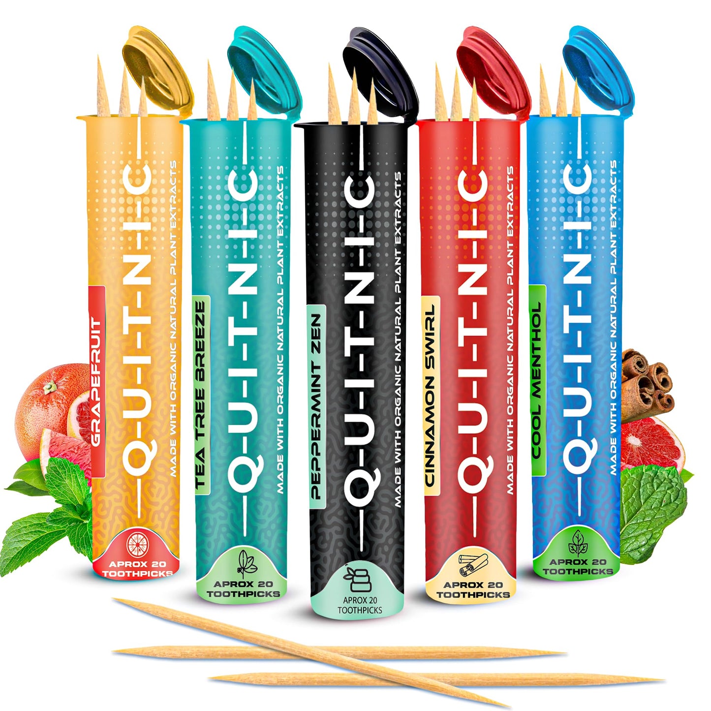 Quit-NIC Infused Flavored Toothpicks - Nicotine Free, Non-GMO Kosher Vegan Variety Pack, 20 Count (Pack of 5) - Flavored Toothpicks for Adults to Help Quit Smoking and Quit-NIC