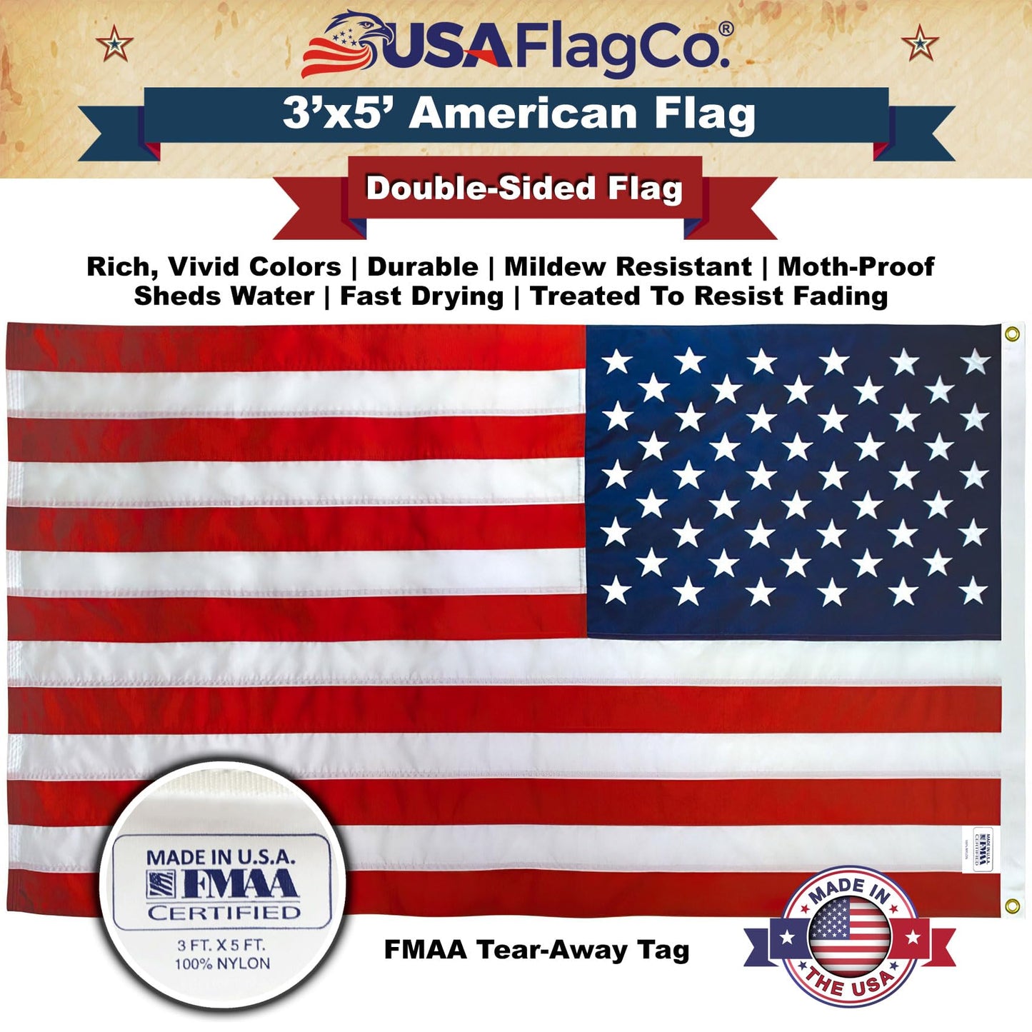 American Flags for Outside 3x5 - USA Flag Co. American Flag 3x5 Heavy Duty Outdoor Made in USA with Embroidered Stars and Sewn Stripes, This US Flag is an American Made Flag